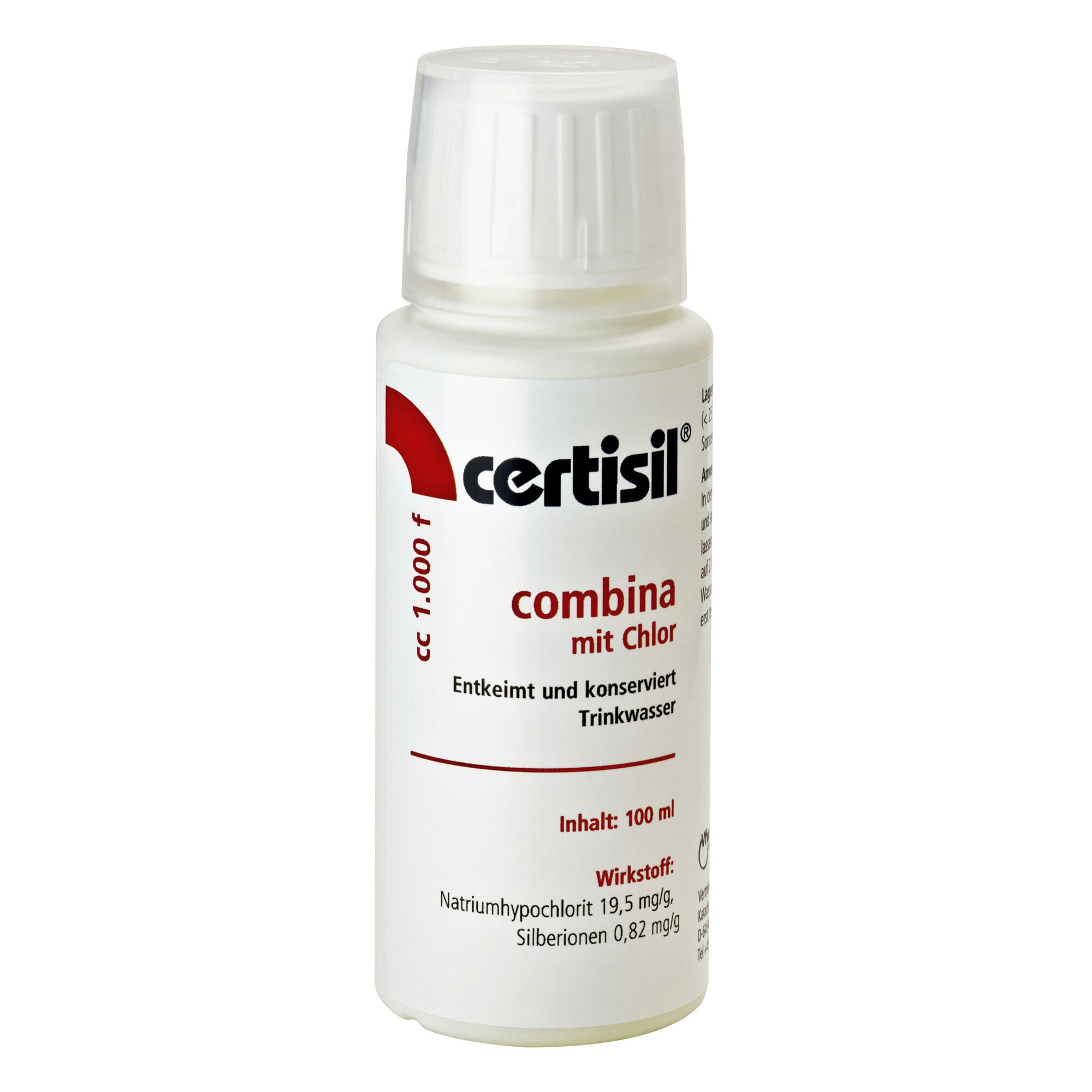Weiße Plastikflasche mit weißem Schraubverschluss, Etikett mit rotem certisil-Logo und Text zur Trinkwasserhygiene mit Chlor Inhalt 100 ml