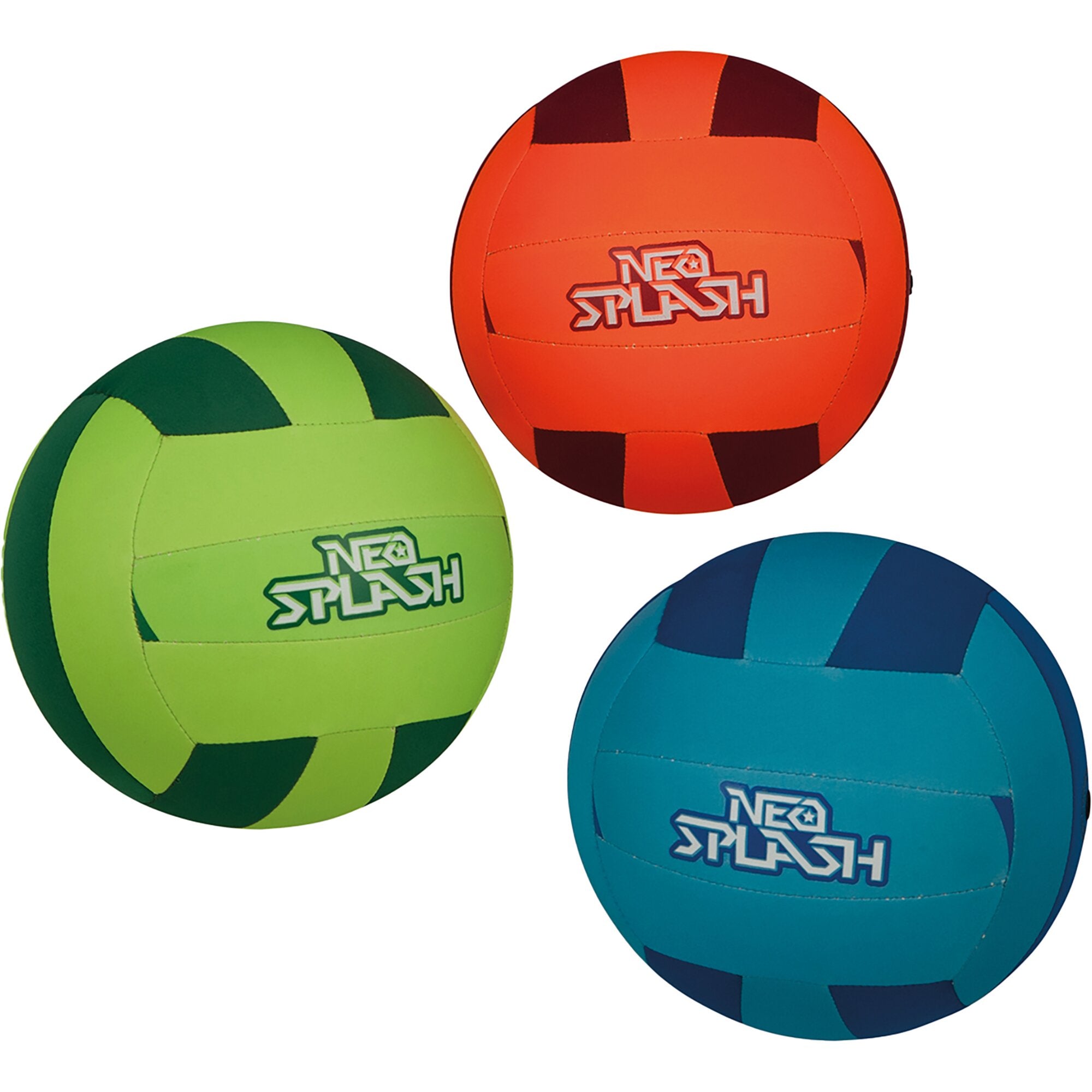 Mehrfarbige Neopren-Volleyballs in orange, grün und blau mit panelartigen Segmenten und Neo Flash Schriftzug