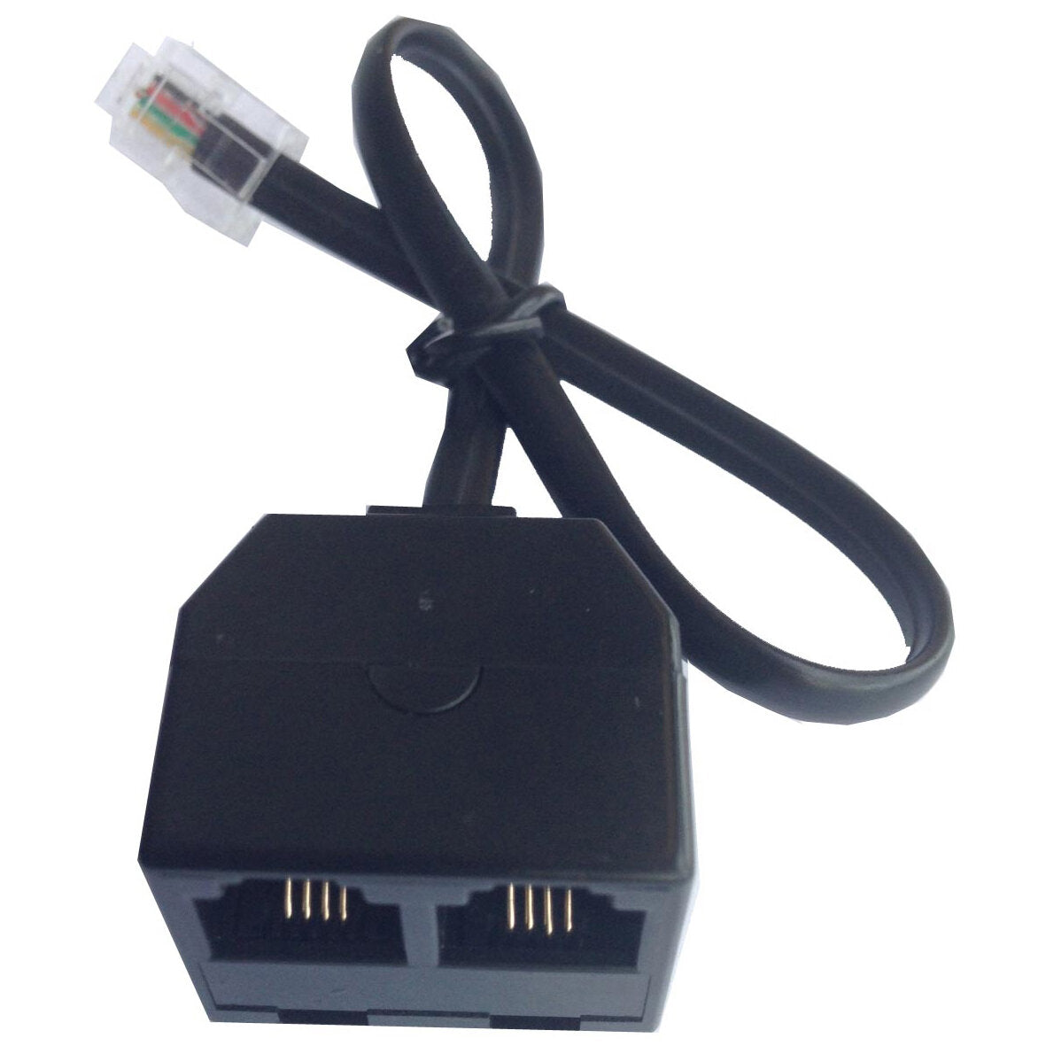 Schwarzer TIN-Verteiler mit zwei RJ45-Female-Buchsen an der Gehäusefront und einem kurzen Kabel mit transparentem RJ45-Stecker
