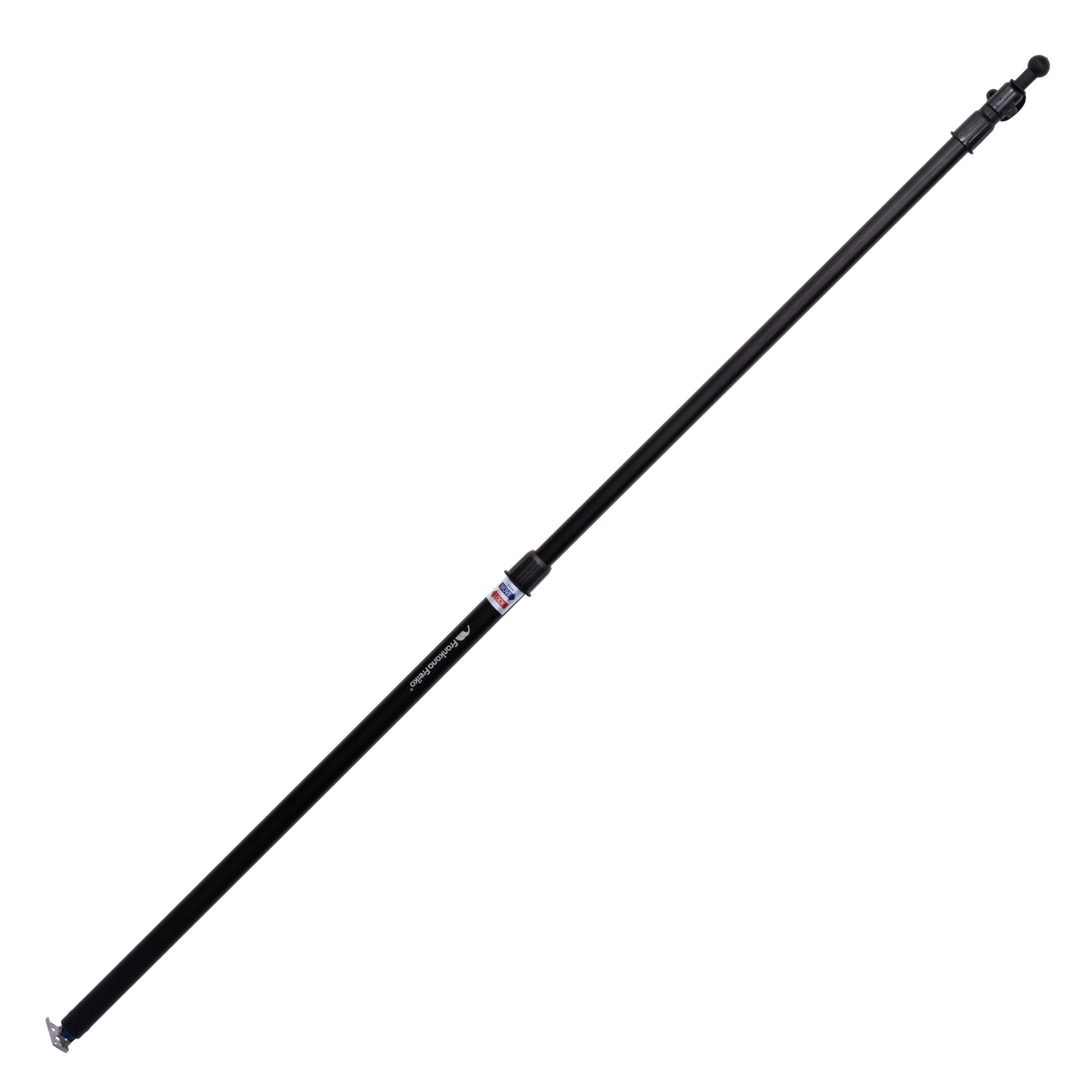 Schwarze Teleskopstange liegt diagonal von unten links nach oben rechts, mit verstellbarem Klemmteil am oberen Ende und kleinem Metallhalter unten