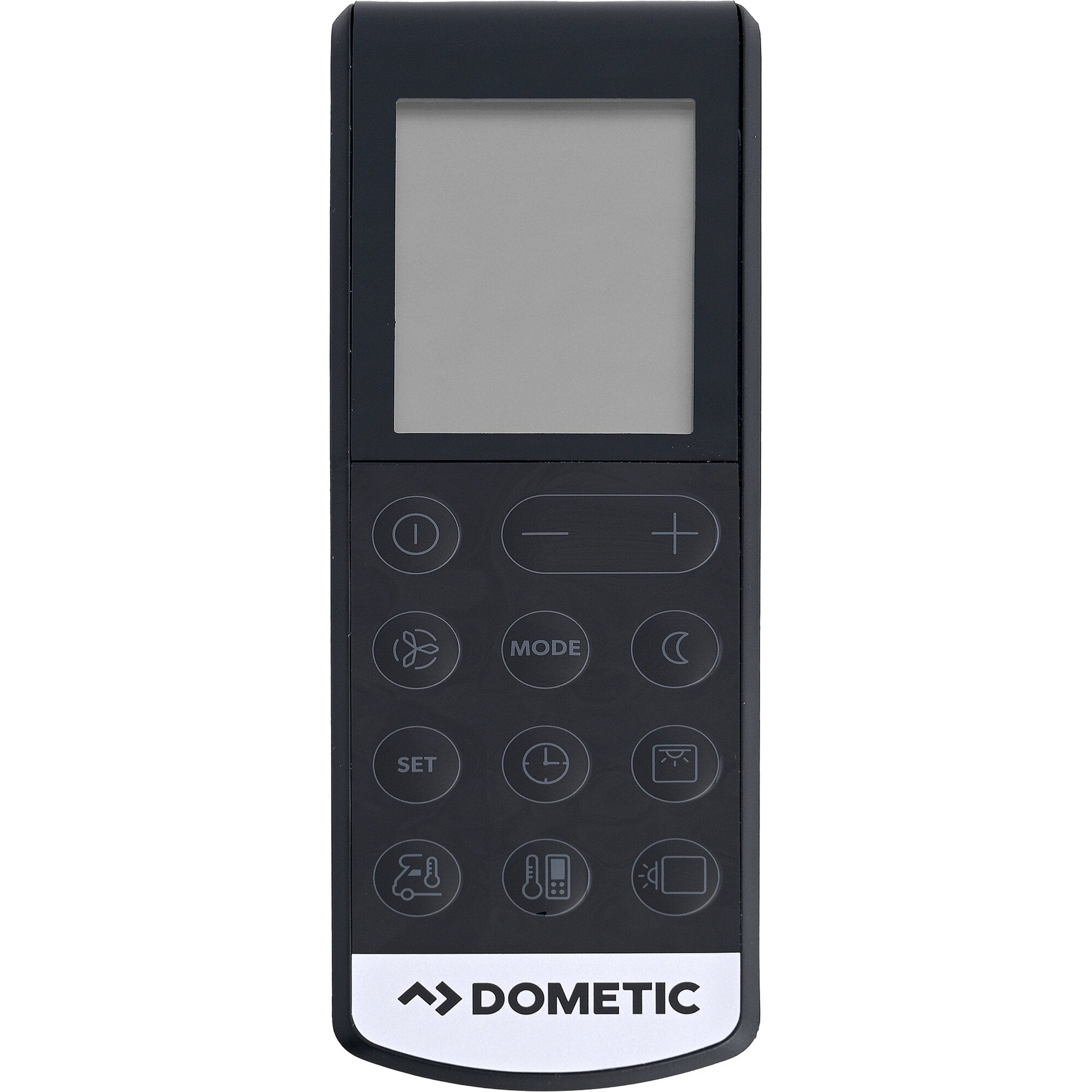 Schwarze Fernbedienung mit großem Display oben und mehreren runden Tasten darunter, Symbole für Ein/Aus, Modus und Temperatur, unten DOMETIC-Logo