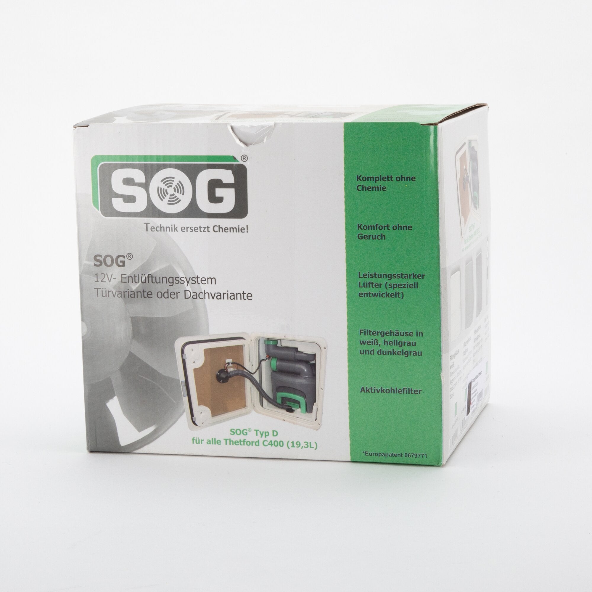 SOG Typ D 12V-Entlüftungssystem für Thetford C400 Türvariante oder Dachvariante in grün-weißer Verpackung mit Logo und Innenansicht Gehäuse