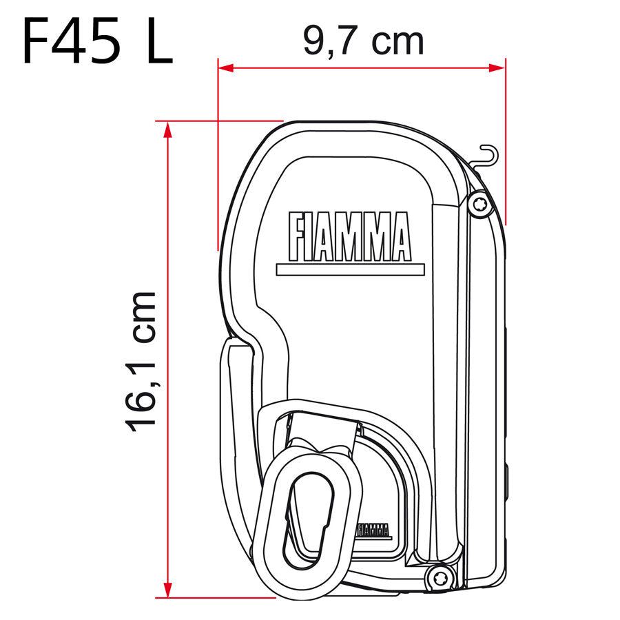 Schematische Zeichnung der Fiamma Markisenbox F45 L mit FIAMMA-Logo, rechteckige Box, Kordelhalterung; Maße 9,7 cm Breite und 16,1 cm Höhe