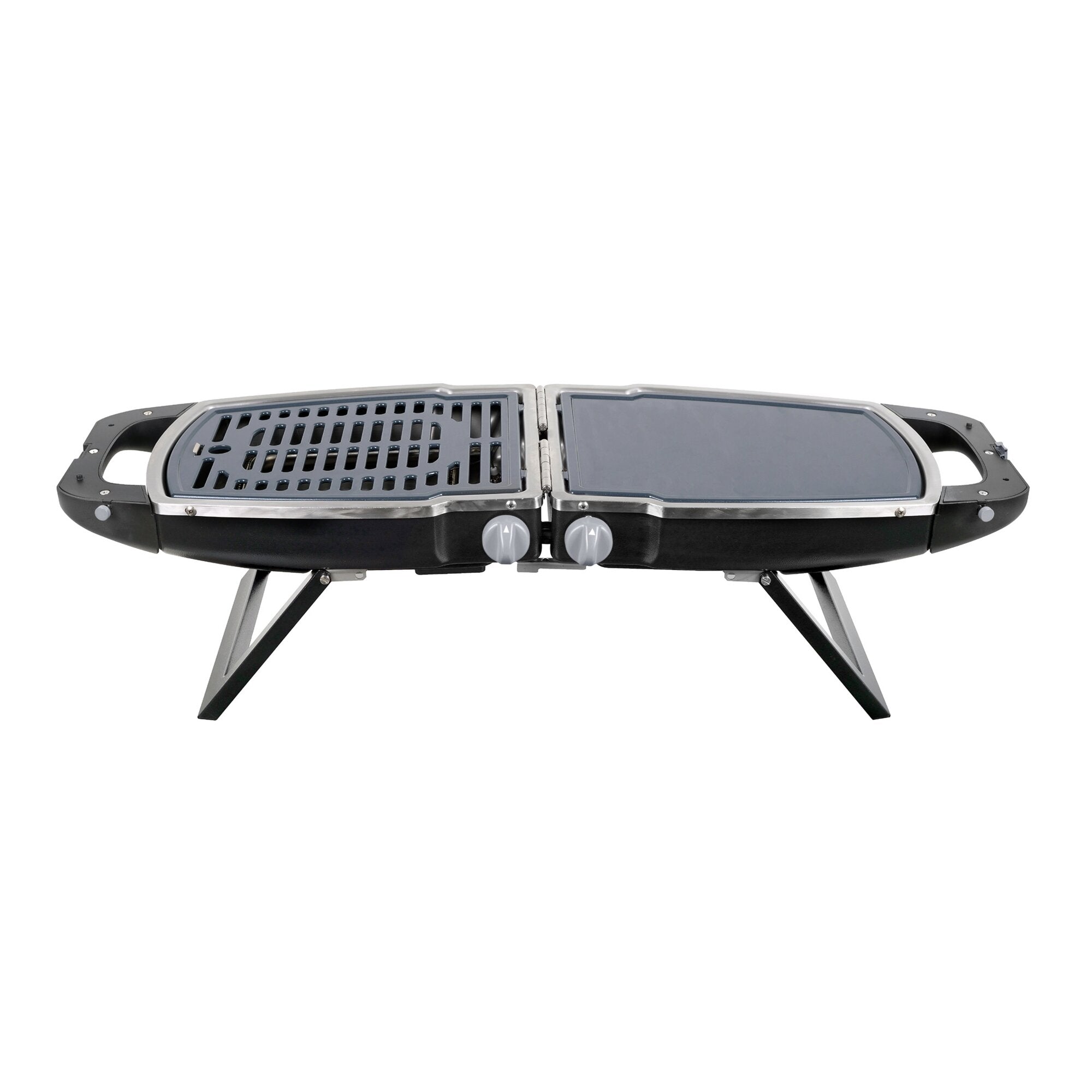 Portabler Zweibrenner-Gaskocher mit Lochgitter-Grill, rechte Seite Deckel, zwei Knöpfe vorne, schwarzes Gehäuse auf Metallgestell