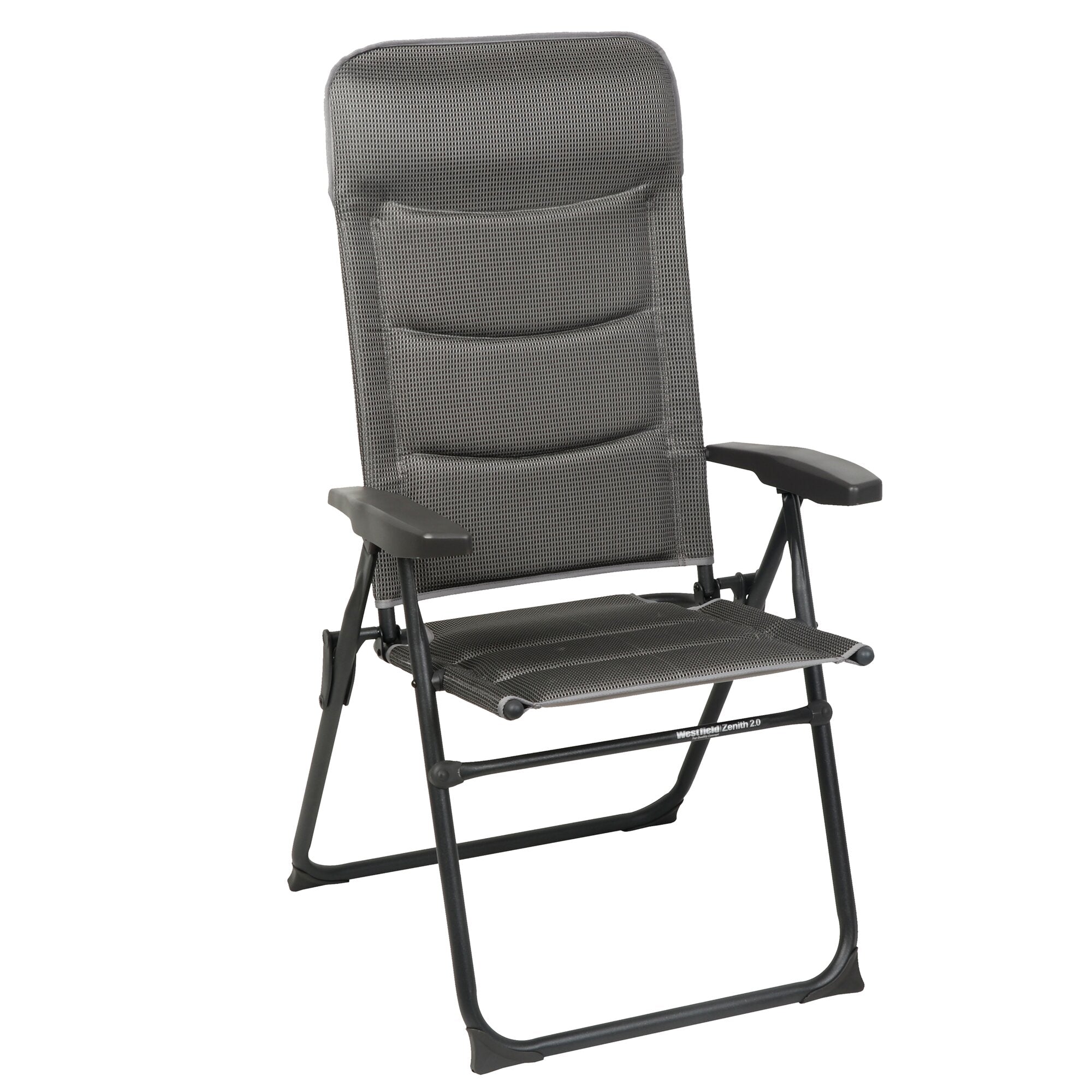 Campingstuhl Zenith 2 in hellgrau mit hochgezogenem Rücken aus Mesh-Gewebe, graue Armlehnen aus Kunststoff und klappbarem Metallgestell