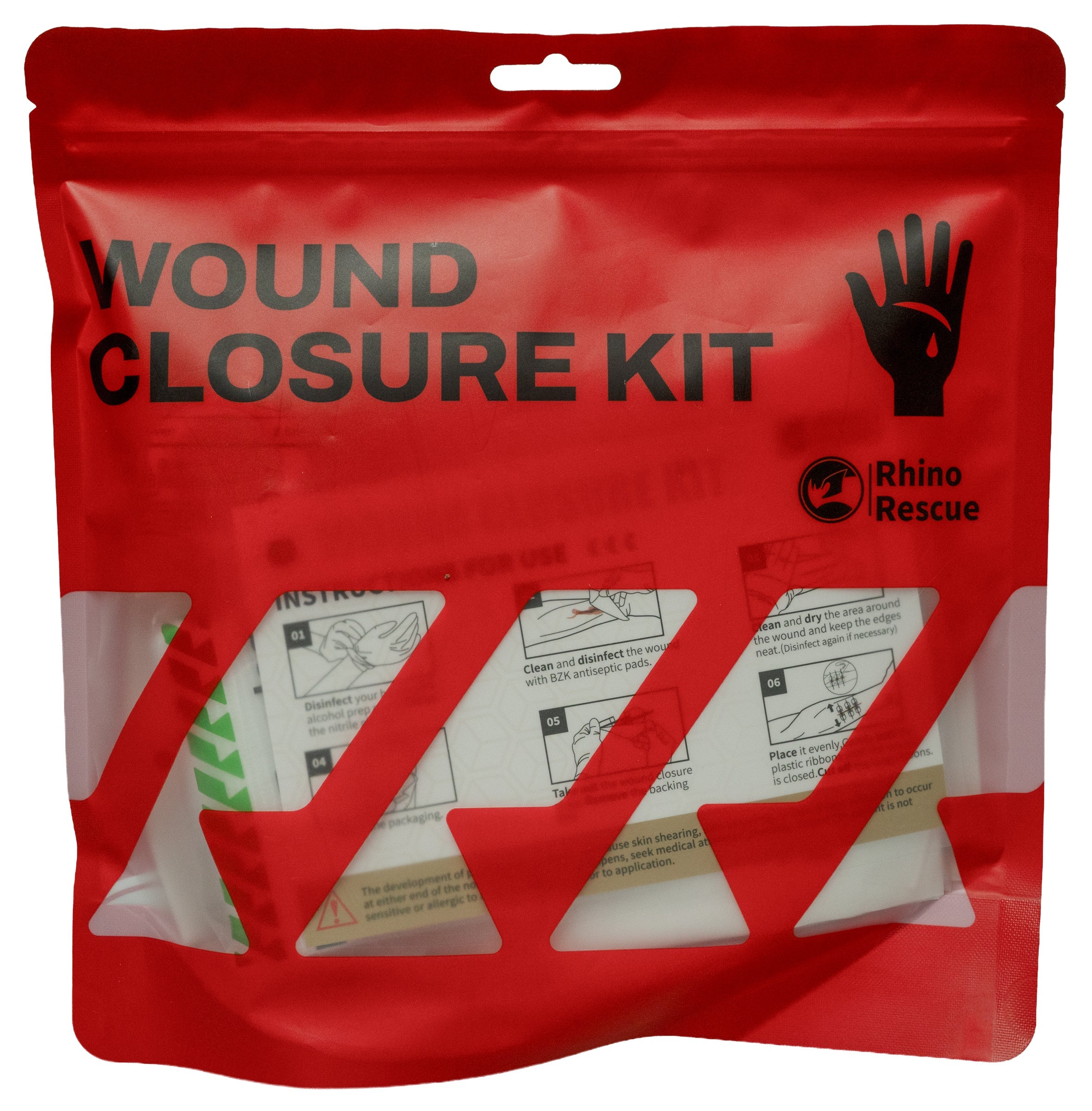 Rotes, wiederverschließbares Rhino Rescue Wundversorgungsset mit schwarzem Schriftzug und transparenten Einsatzfenstern, die .
