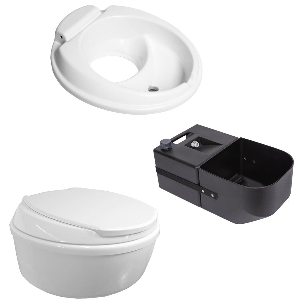 Umbausatzbestandteile für Kassettentrenntoilette: weißer runder Montagering, weißer Toilettensitz mit Deckel und schwarzes Kunststoffmodul