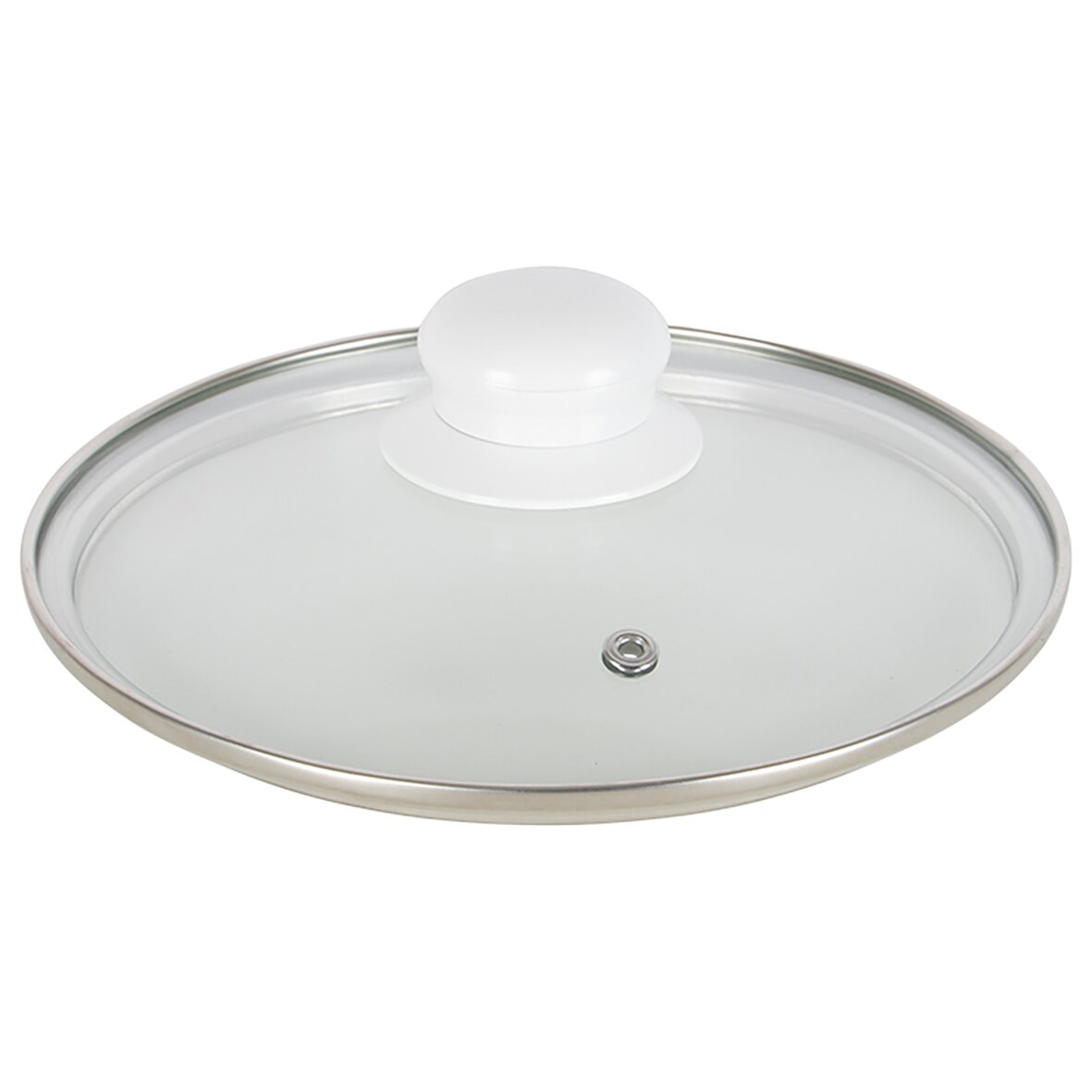Runder Glasdeckel mit Edelstahlrand und weißem Kunststoffknopf; durchsichtiges Glas mit kleiner Metall-Dampfventilöffnung