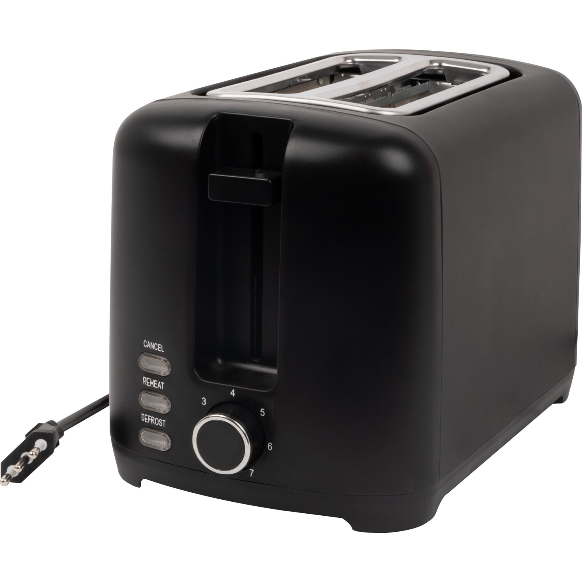 Schwarzer Toaster mit zwei oberen Metall-Schlitzen, Frontbedienfeld mit CANCEL, REHEAT, DEFROST und Drehknopf