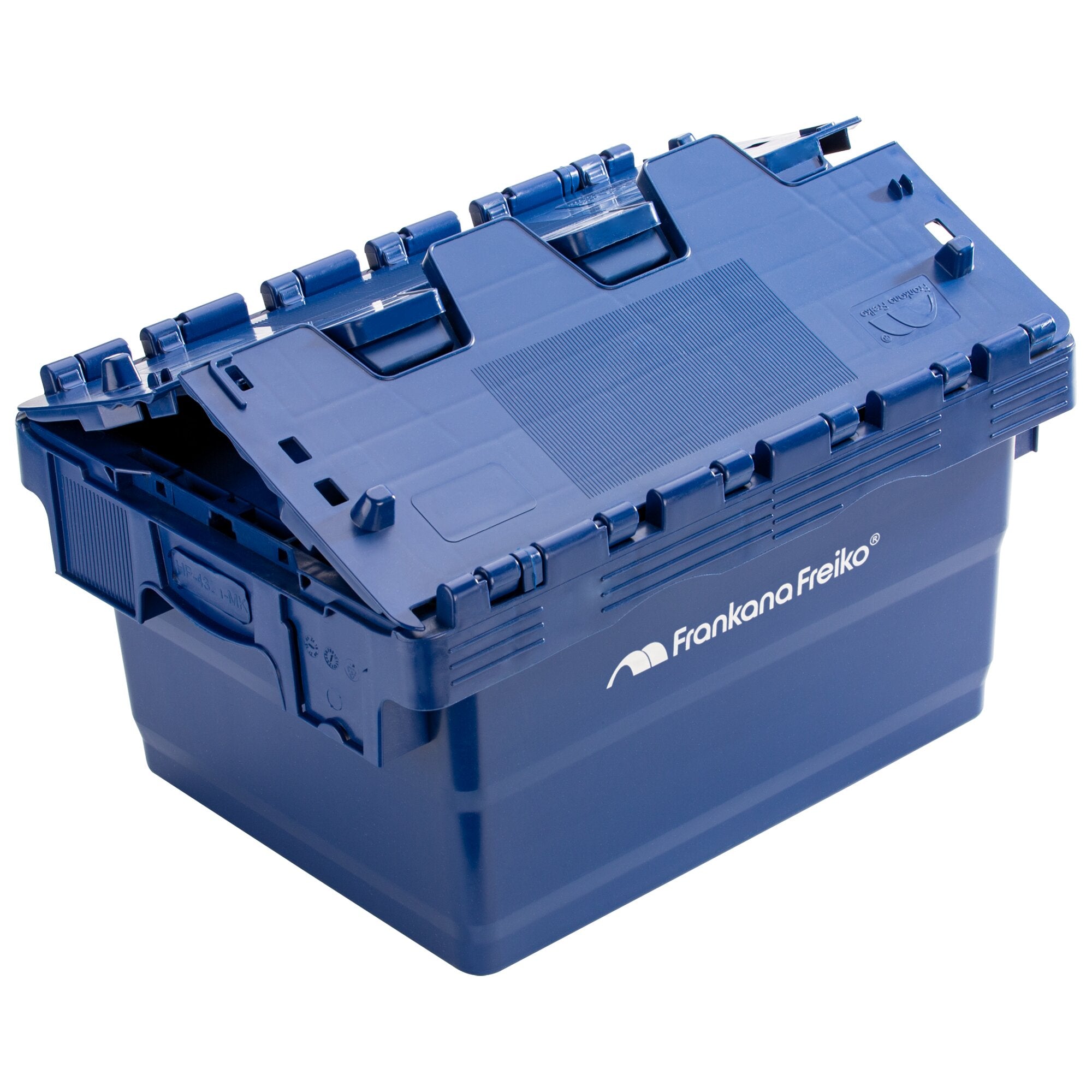 Blauer Kunststoff-Transportbox FF mit geöffnetem Deckel, sichtbare Verschlüsse am Deckelrand und seitlicher Markenaufdruck, robuste Bauweise