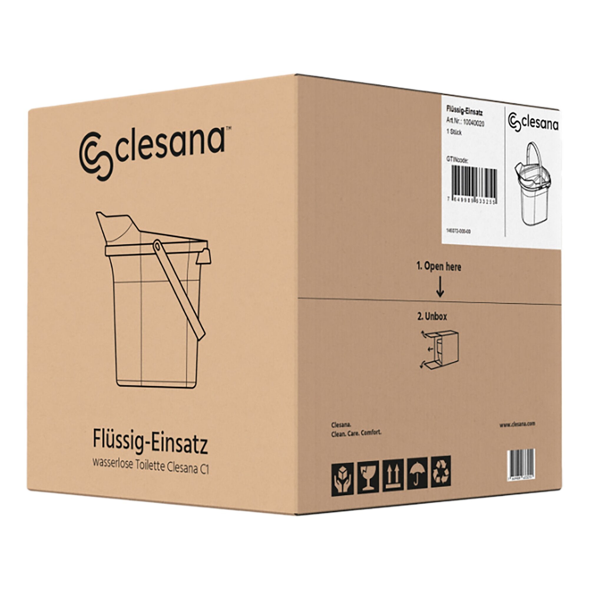 Braune Verpackung mit dem Clesana-Logo; links sieht man das Wort Flüssig-Einsatz, daneben eine Linienzeichnung des Einsatzes, rechts Barcode und Eimer-Symbol