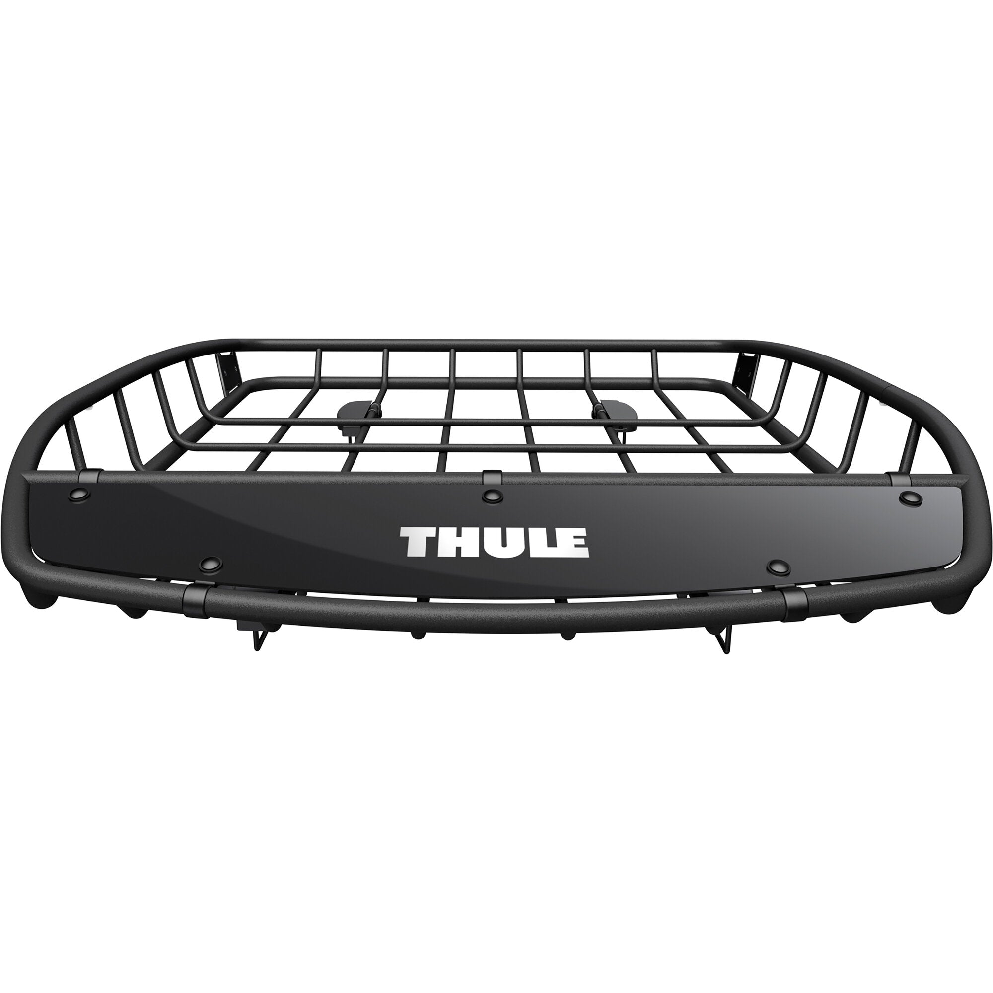 Naheaufname eines schwarzen Dachkorbs Thule Canyon XT mit Metallgitterkonstruktion, frontal sichtbare Platte mit Thule-Logo und Befestigungslaschen