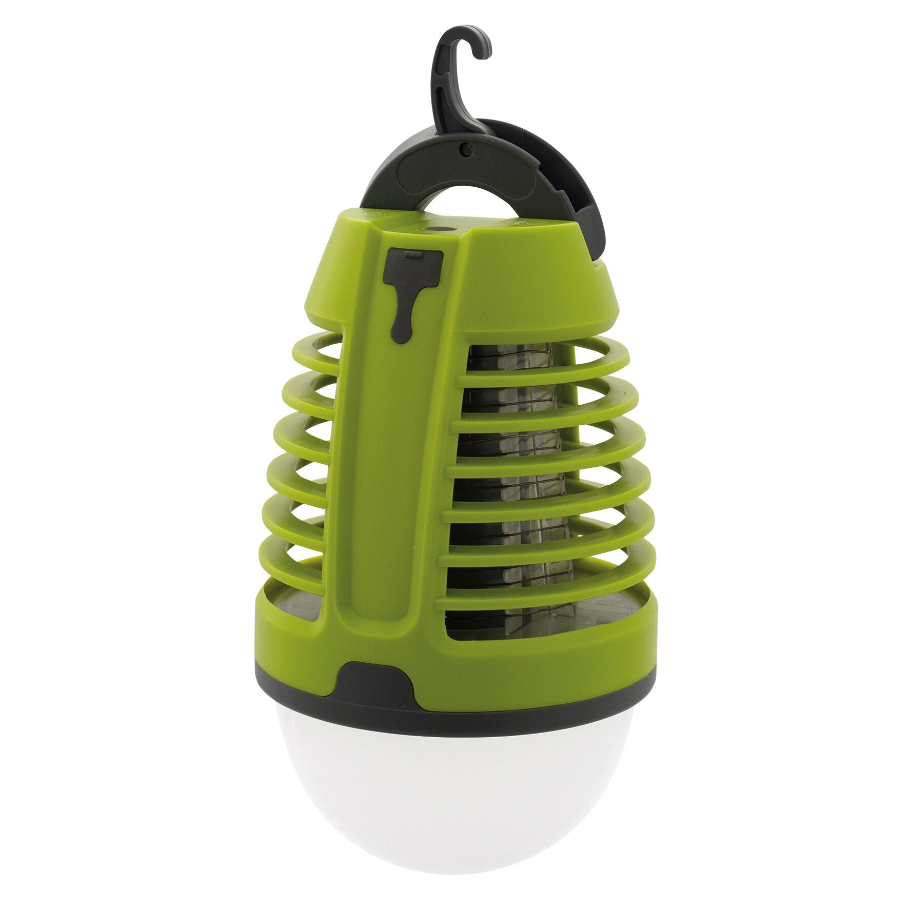 Detailaufnahme einer grünen Insektenlampe mit spiralförmiger Schutzspirale, helles Gehäuse und Aufhängehaken, sichtbares Leuchtmittel