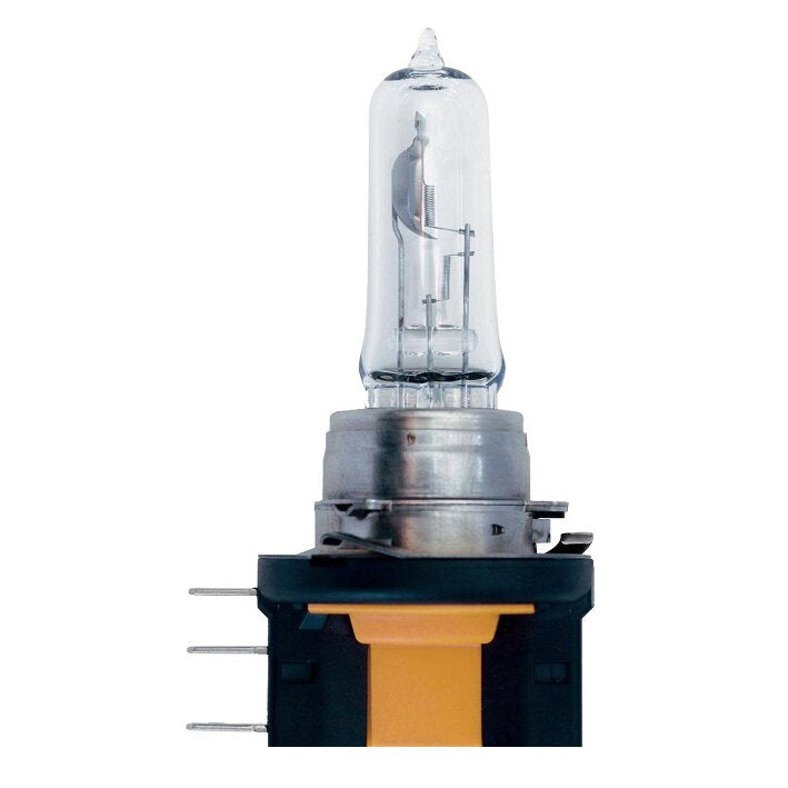Halogenlampe PGJ23t-1 mit Glaskolben, sichtbare Filamentführung, Metallfassung, schwarzer Sockel mit orange Frontplatte und drei Pins