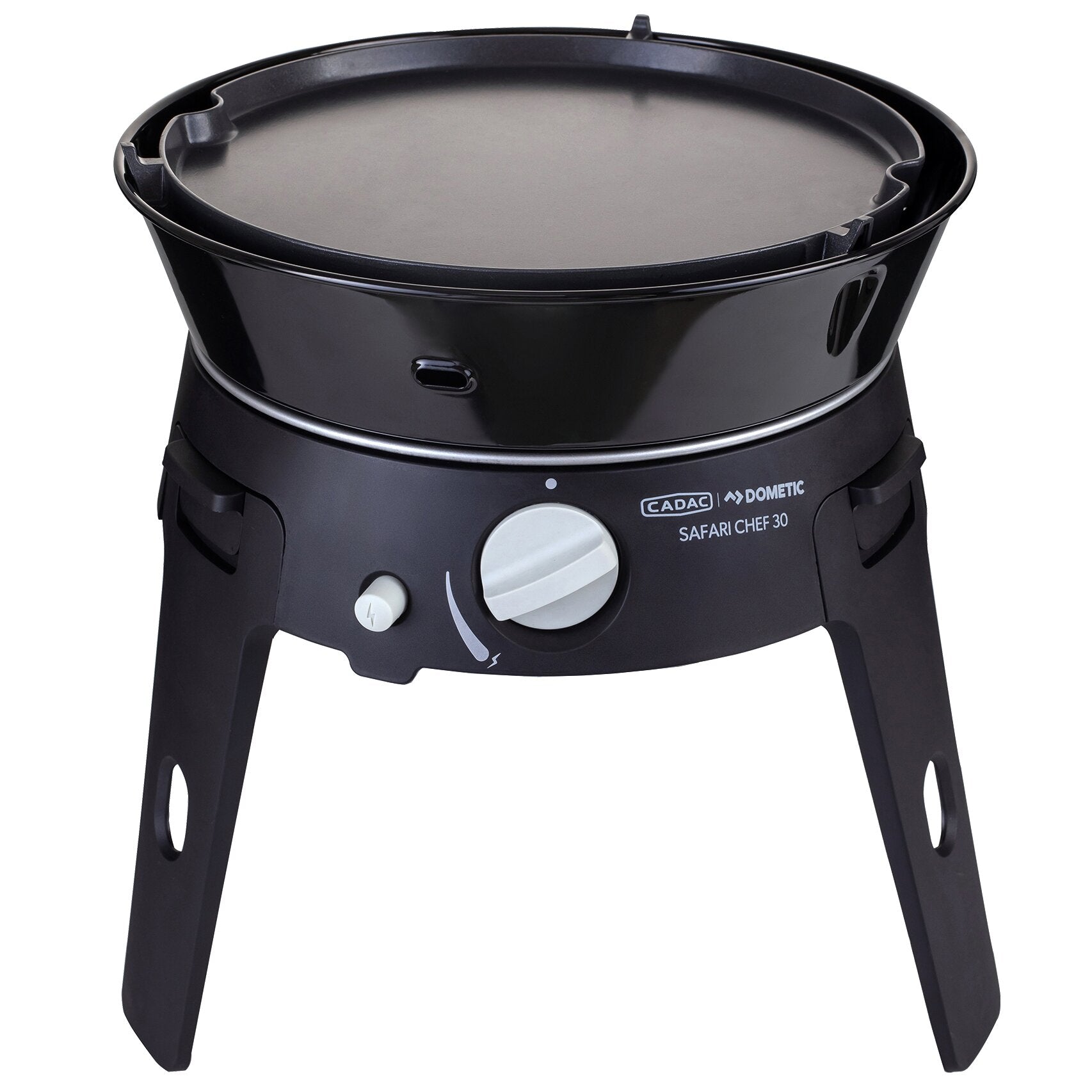 Schwarzer, tragbarer Gasgrill Safari Chef 30 mit rundem Grillkopf, sichtbaren Bedienelementen und Cadac/Dometic-Logo