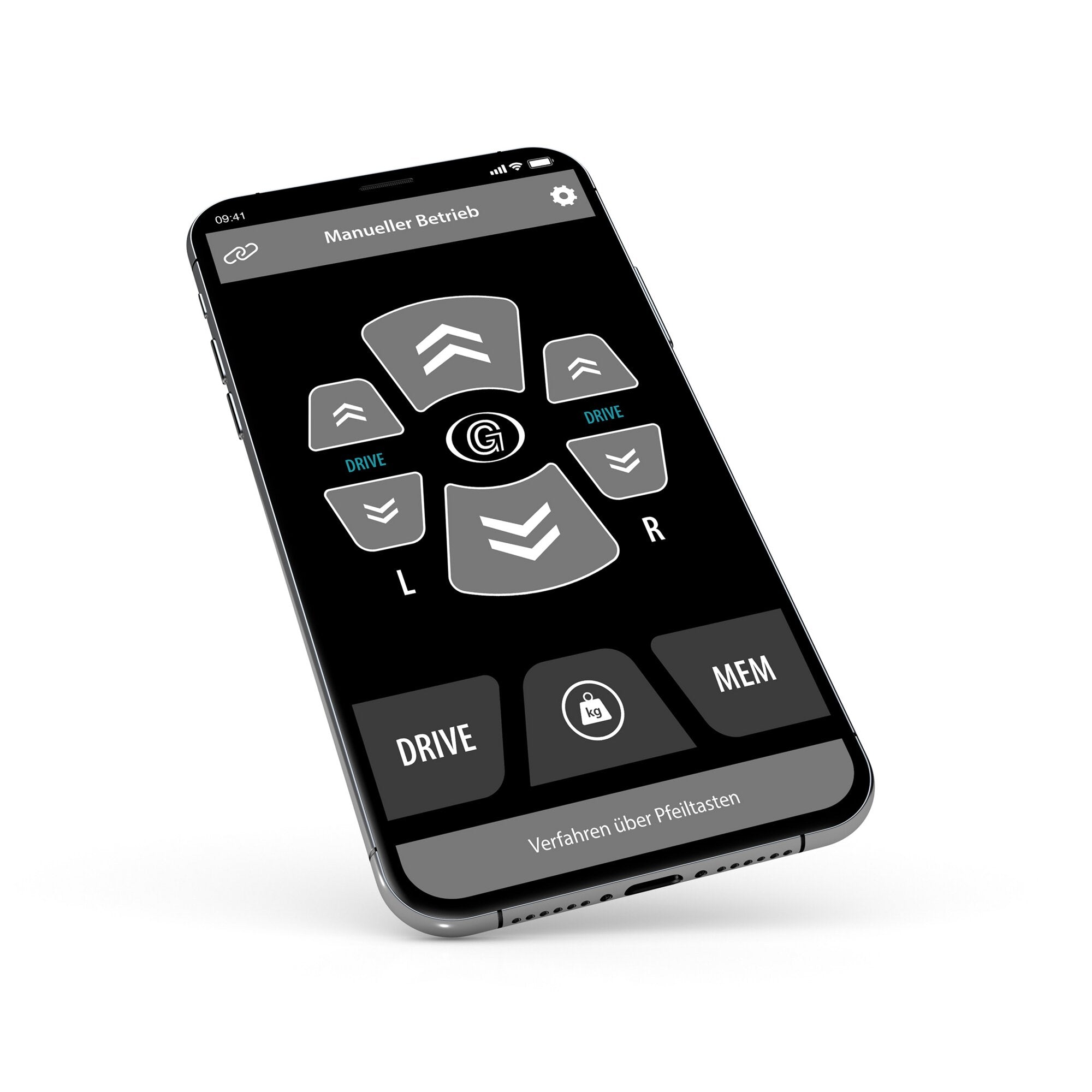 Schräg stehendes Smartphone mit dunkler App-Oberfläche, Überschrift Manueller Betrieb, große graue Tasten mit Pfeil-Icons, Marker L und R, Drive-Bereich