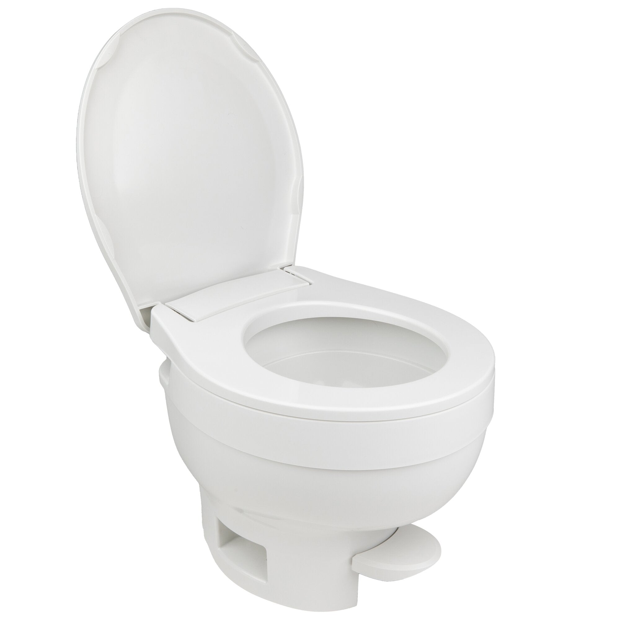 Weißes Keramik-WC mit offenem Deckel, sichtbare Innenfläche der Schüssel und Sitz, Nahaufnahme aus seitlicher Perspektive