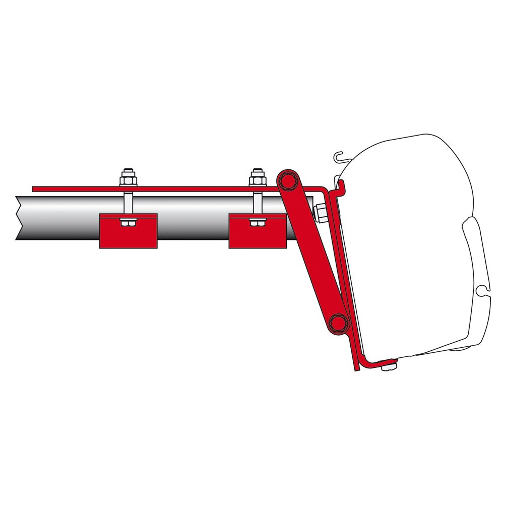 Skizze eines Universal-Dachreling-Adapters: roter Montagesatz mit zwei Klemmblöcken an einer silbernen Dachreling, roter Arm verbindet ihn mit einem weißen Gegenstand rechts