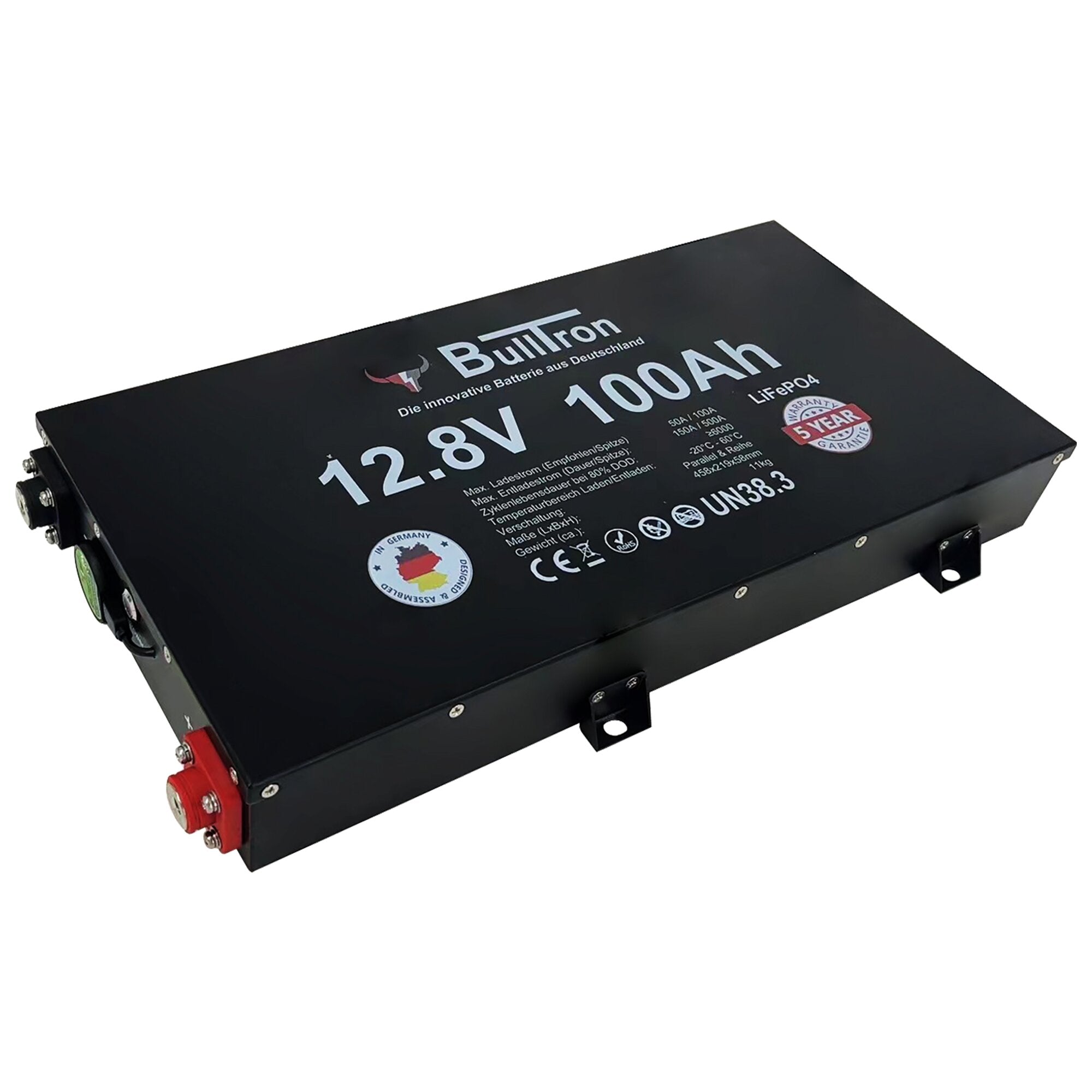 Schwarzer, flacher Lithium-Batterieblock mit rotem Anschluss an der Vorderseite; Oberseite zeigt Bulltron-Logo und 12.8V 100Ah