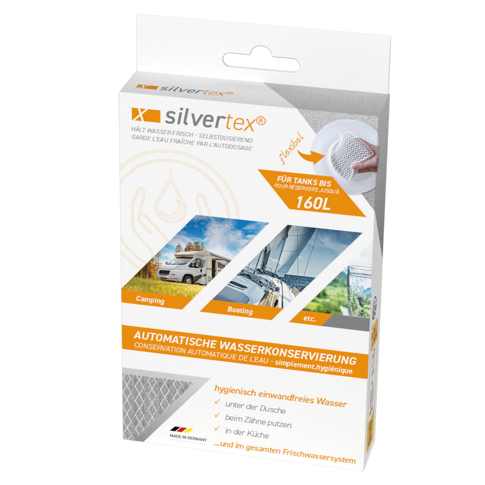 Verpackung für Wasserkonservierung Silvertex 160 L, weiße Box mit orangefarbenen Akzenten, Silvertex-Logo und Abbildungen von Camping Boote