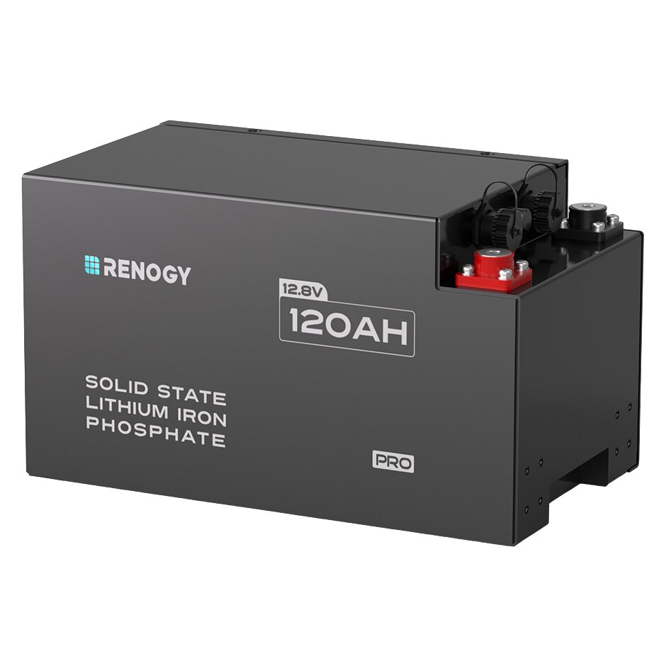 Graues rechteckiges Untersitz-Batteriemodul mit 12.8 V und 120 Ah, Solid-State Lithium-Iron-Phosphate, Renogy PRO, Oberseite mit roten Klemmen