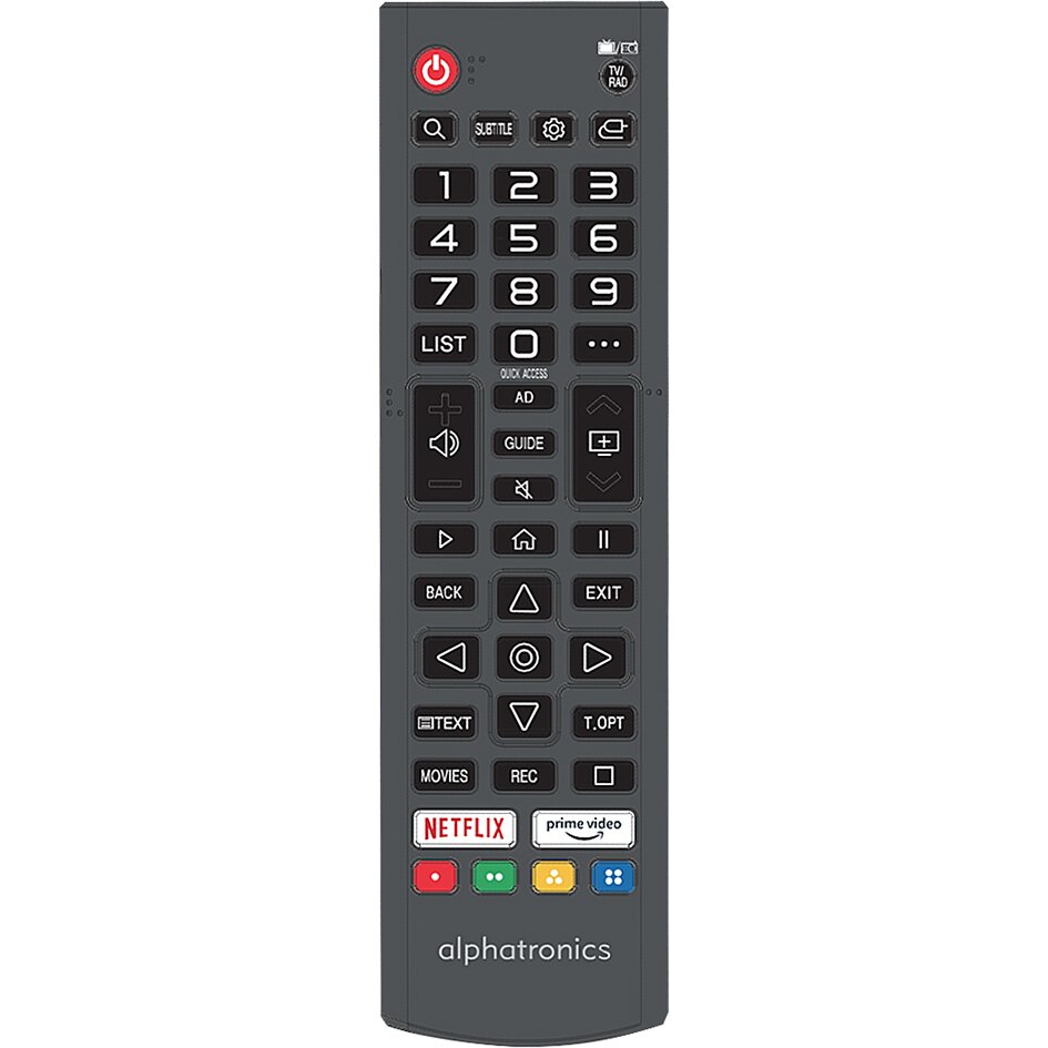 Fernbedienung in dunklem Gehäuse mit vielen Tasten, roter Powerknopf oben, Netflix- und Prime-Video-Symbole, Alphatronics-Logo unten