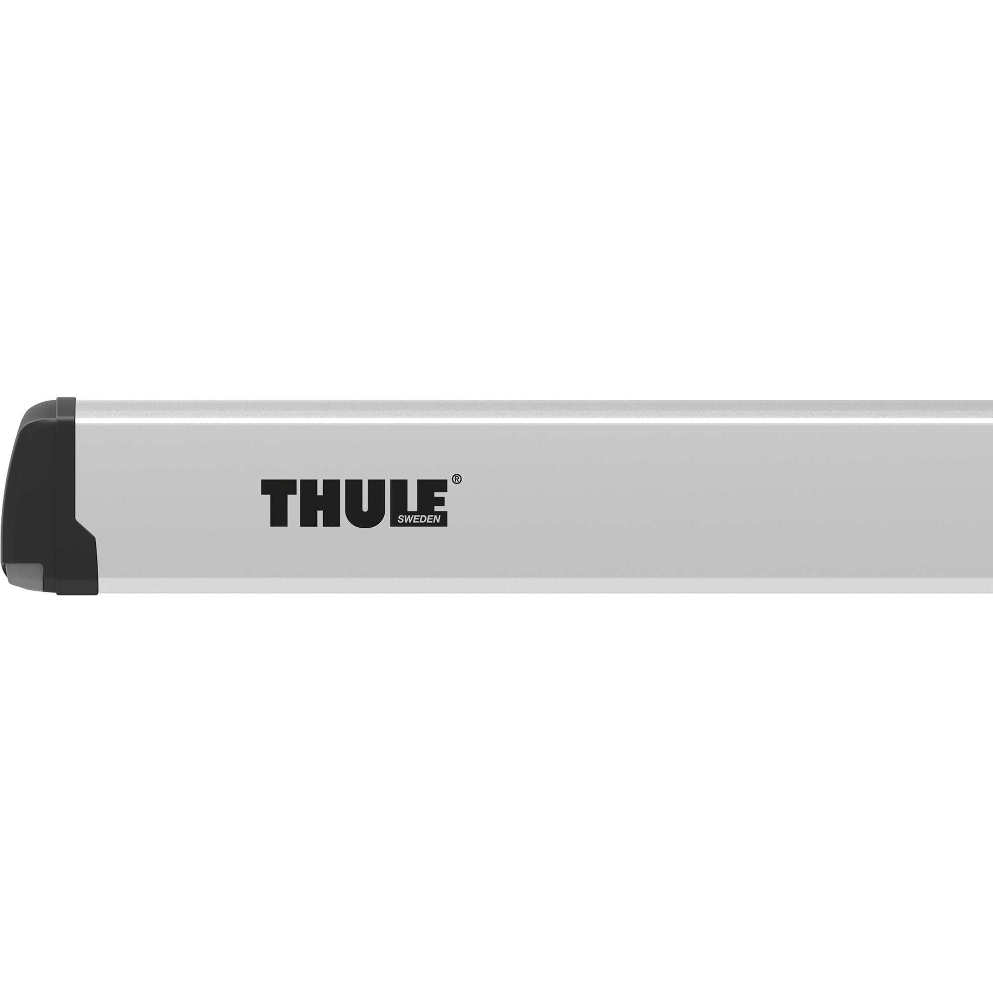 Seitliche Ansicht eines Thule 3200 Markisenkastens, silbergraues Gehäuse mit schwarzen Endkappen, Thule-Logo sichtbar
