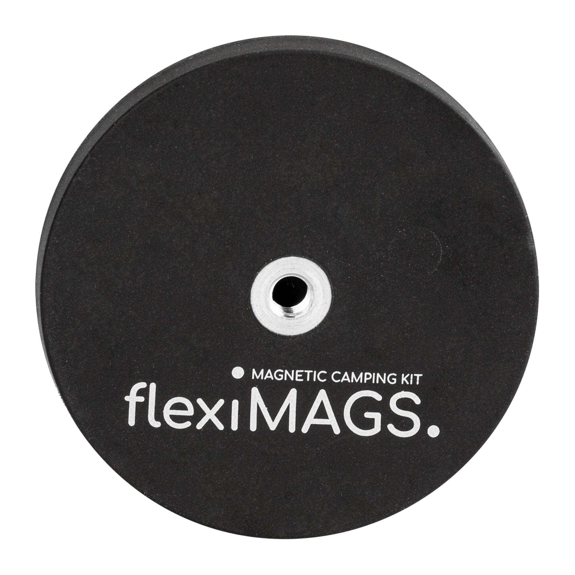 Runder schwarzer Magnet mit silbernem Metallring und zentralem Loch, sichtbar mit Beschriftung flexiMAGS