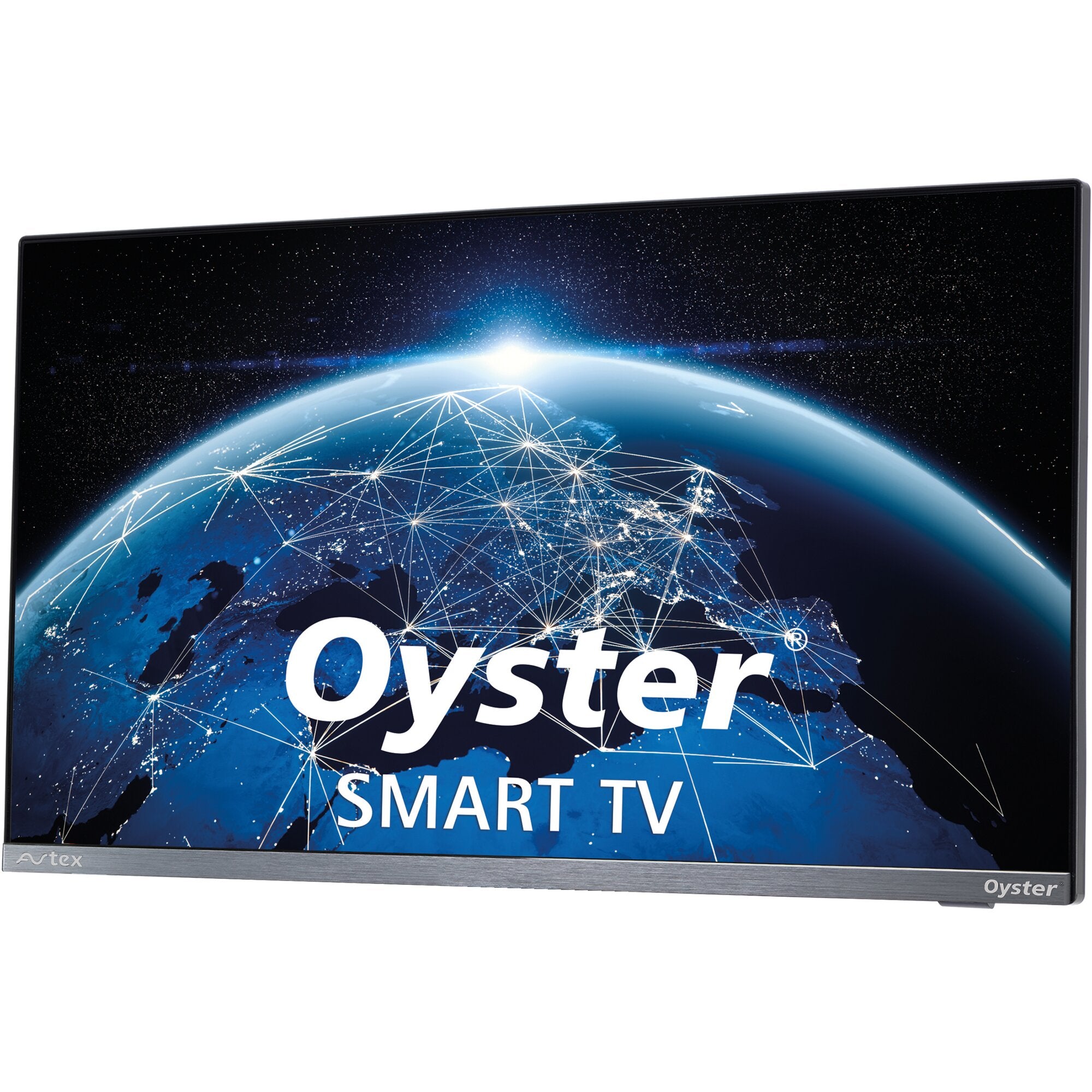 Flacher TFT-LED Fernseher mit schmalem Rand, 24 Zoll; Bildschirm zeigt Erde mit Netzwerklinien und Sternenhimmel, Oyster-Logo unten rechts