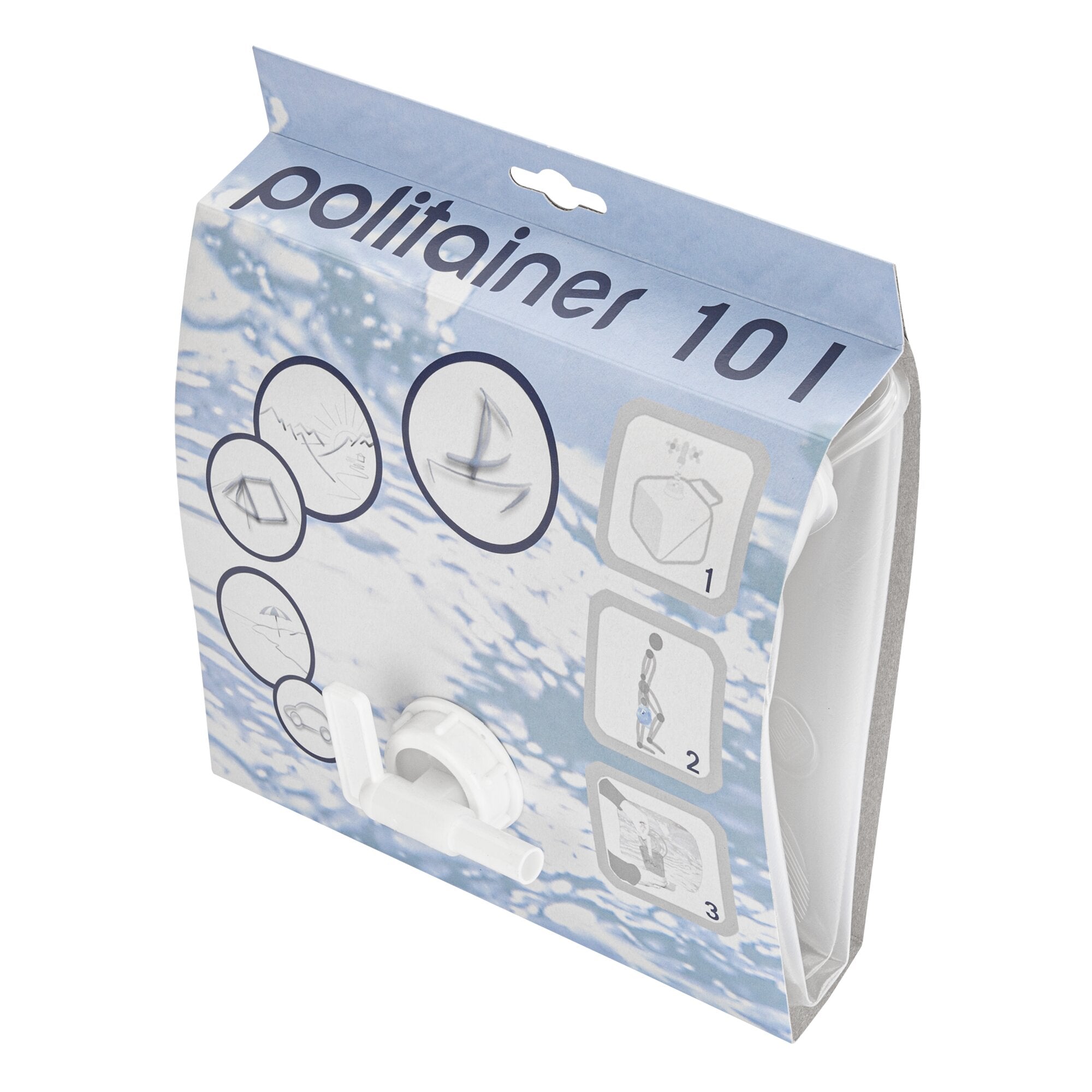 Faltkanister 10 l auf blauer Verpackung mit Wolken- und Wasserdesign; obere Aufhängeöffnung, unten Ausgussknopf und Symbole auf der Fläche