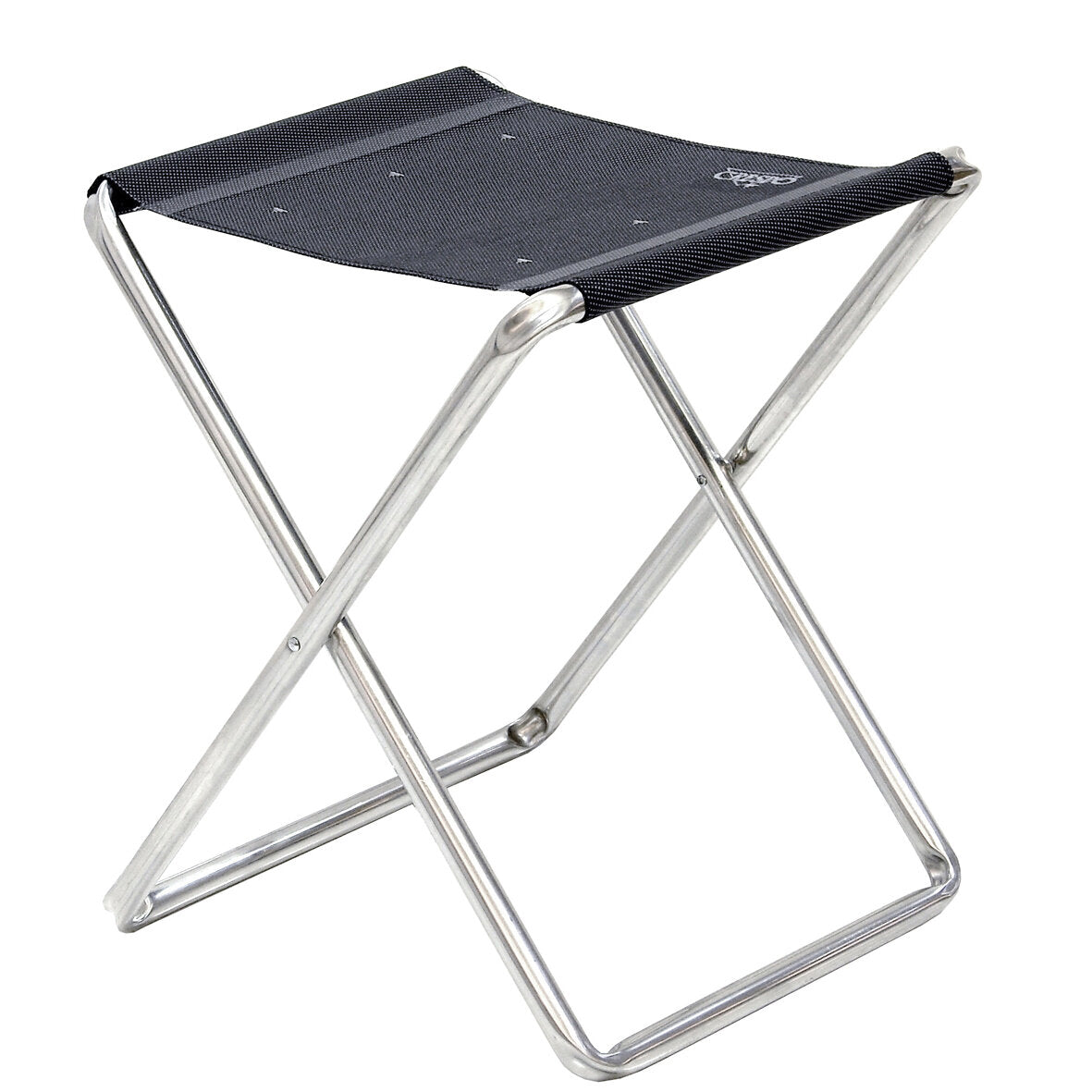 Hocker AL/301 Classic mit X-förmigem Metallrahmen, dunklem Stoffsitz mit Gewebemuster und Logo in einer Ecke