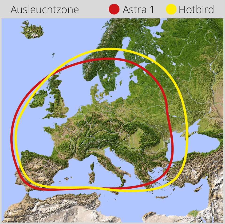 Kartenabbildung Europas mit zwei überlagerten Ausleuchtzonenkreisen in Rot und Gelb; rote Zone für Astra 1 und gelbe Zone für Hotbird, Legende oben