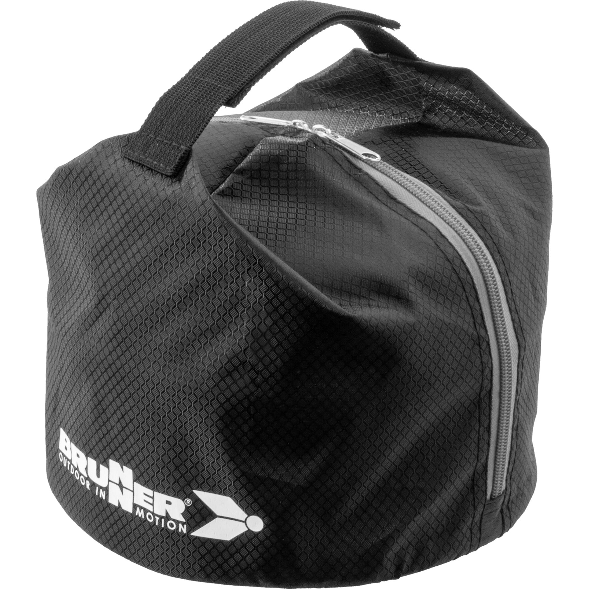 Schwarze Tragetasche aus texturiertem Nylon mit diagonal verlaufendem Reißverschluss, robuster Tragegriff und sichtbarem Logo am unteren Rand