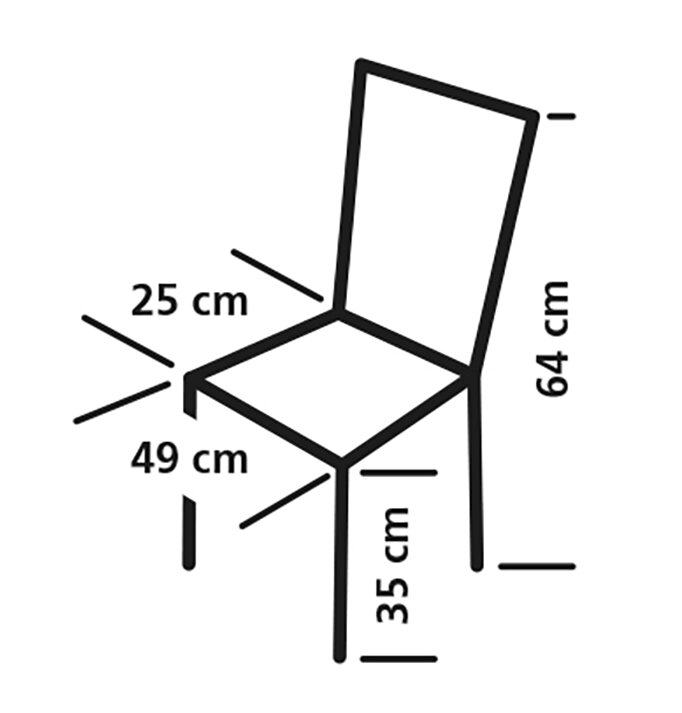 Linienzeichnung eines faltbaren Stuhls Calais mit Rückenlehne; sichtbare Maße: Gesamthöhe 64 cm, Sitzhöhe 49 cm, Tiefe 25 cm