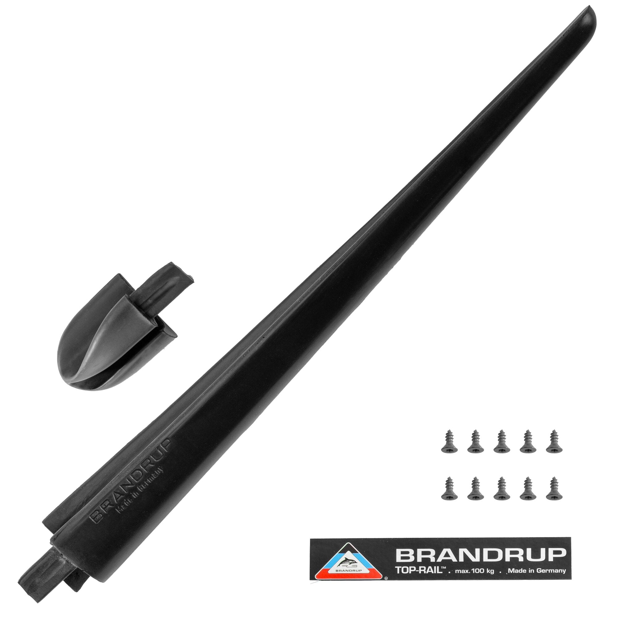 Schwarzer Spoilersatz TOP-RAIL rechts für VW T5/T6/T6.1, mit Endstück, Montagesatz und Schrauben; BRANDRUP-Logo sichtbar