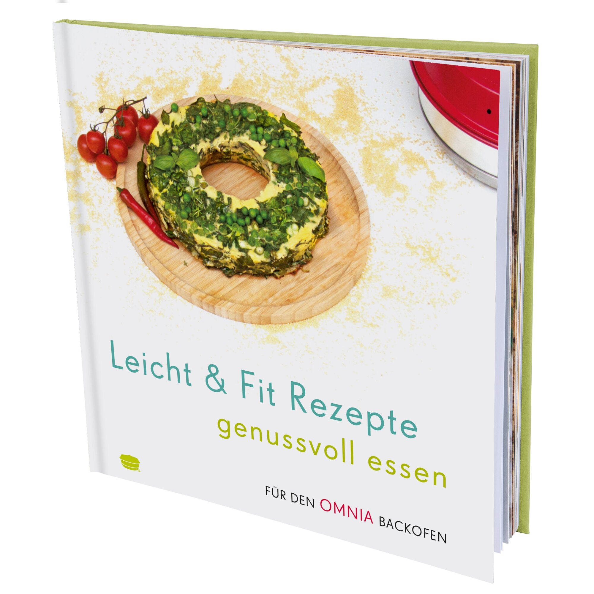 Cover des Kochbuchs Leicht & Fit Rezepte zeigt einen ringförmigen Kräuterauflauf auf Holzbrett mit Tomaten und rotem Deckel im Hintergrund