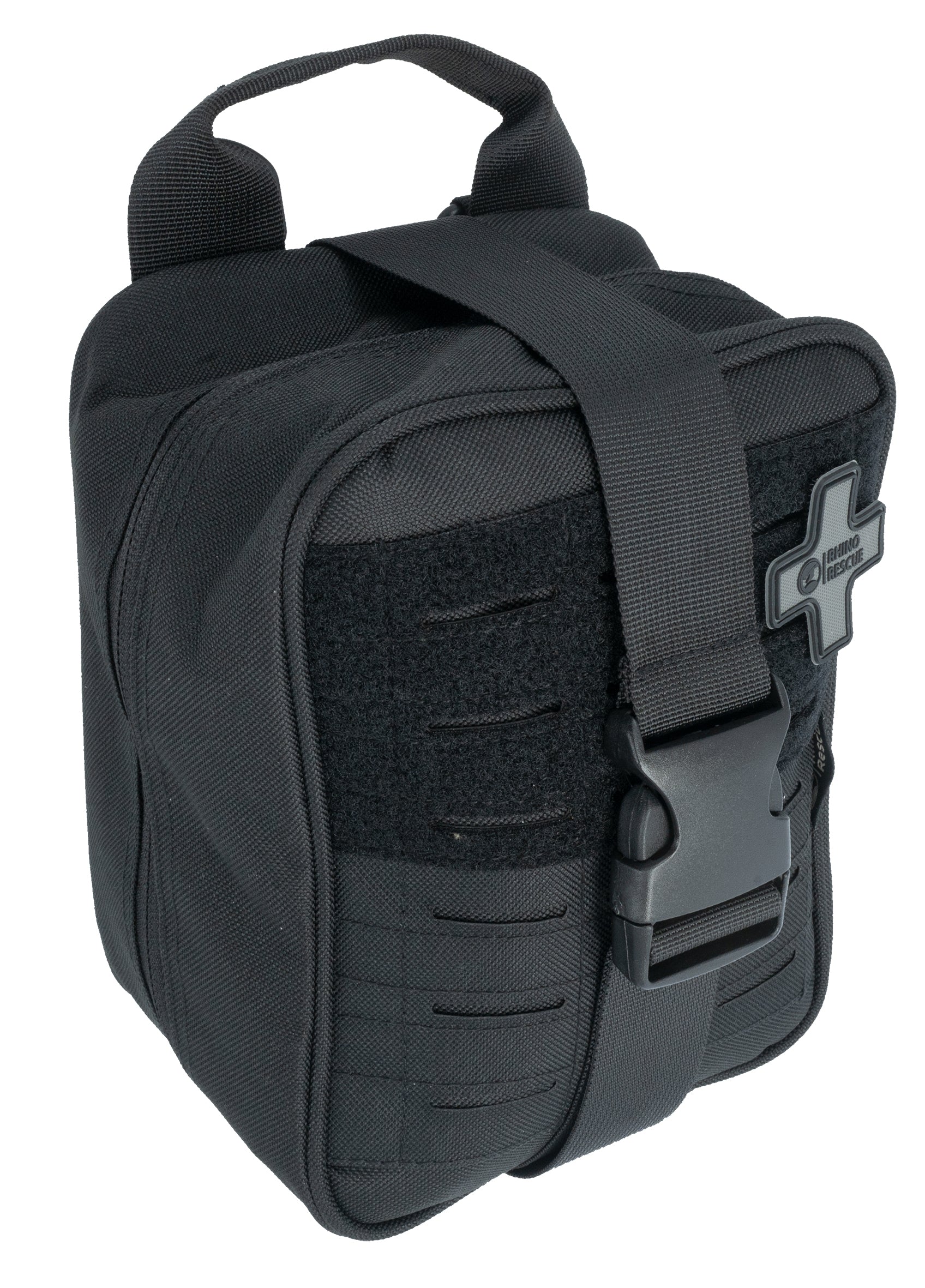 Schwarzes Rhino Rescue IFAK SE Erste-Hilfe-Set mit MOLLE-Befestigung, stabilem Tragegriff und Klettfeld mit Kreuzsymbol vorne.
