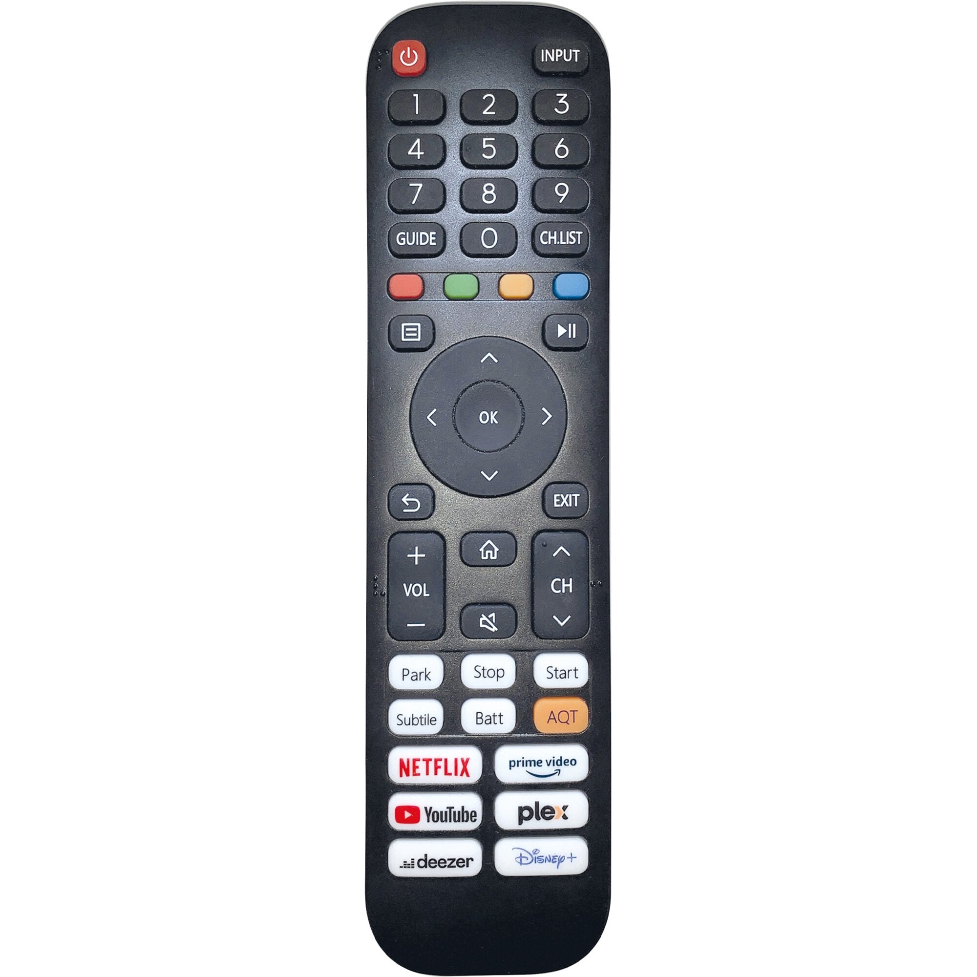 Fernbedienung mit vielen Tasten, zentrales rundes Navigationsrad mit OK, Pfeiltasten und Zahlenfeld; unten Netflix, YouTube, Prime Video, Plex und Disney+