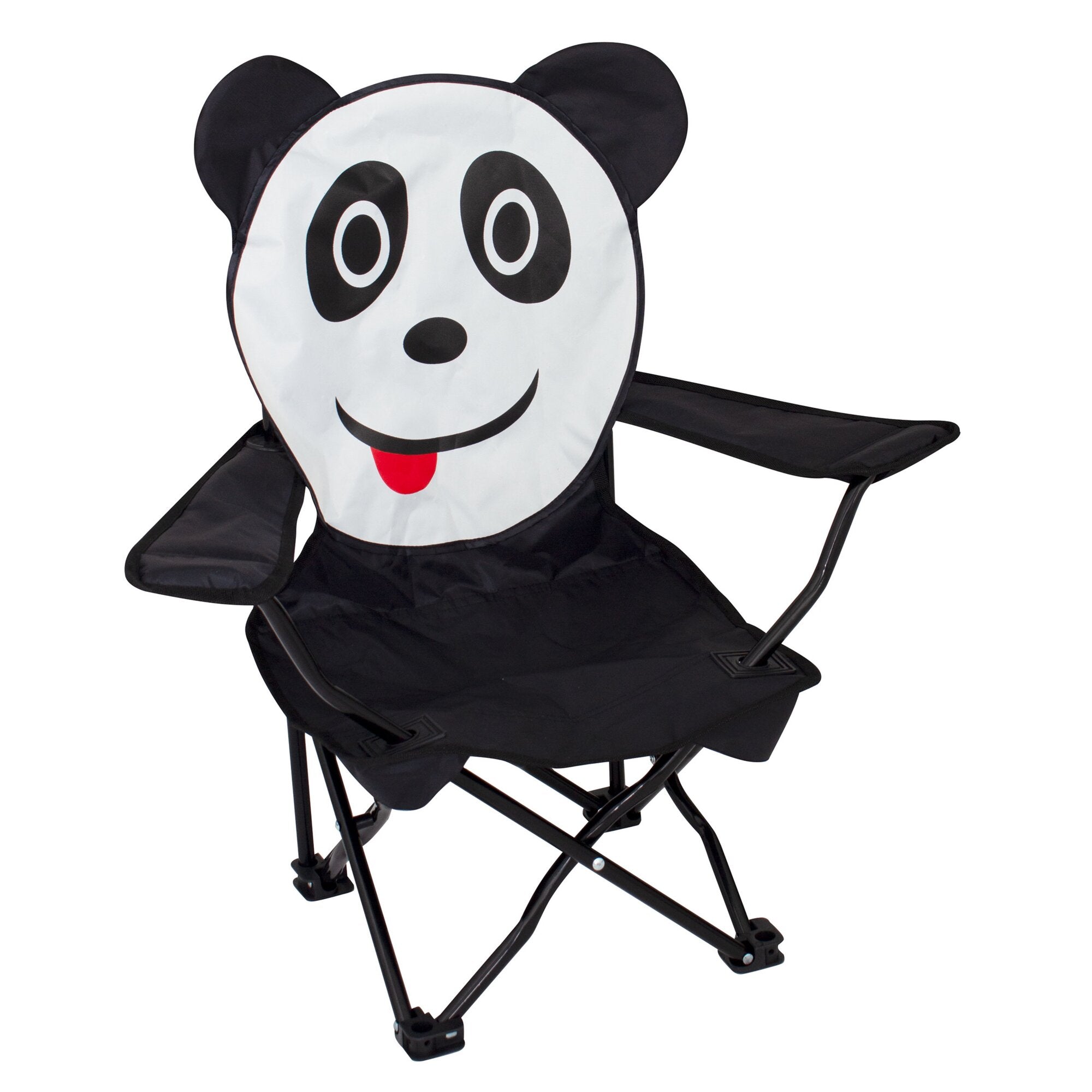 Faltstuhl für Kinder mit Panda-Gesicht auf weißer Rückenlehne, schwarze Ohren an den Seiten, schwarzer Metallrahmen und schwarze Sitzfläche