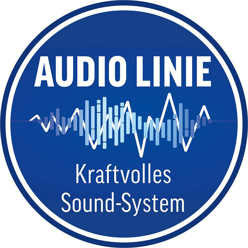 Rundes blaues Abzeichen mit weißem Rand, mittig eine grafische Wellenlinie; oben AUDIO LINE, darunter Kraftvolles Sound-System