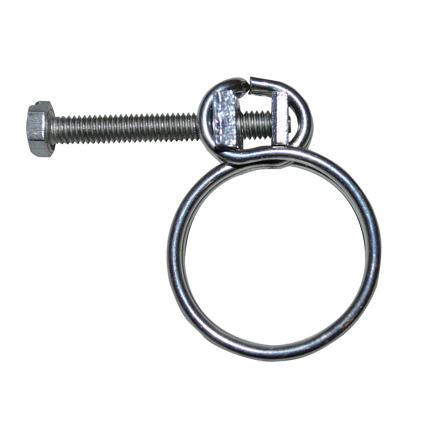 Detailaufnahme eines Metallbolzens mit Sechskantskopf und linker Mutter; um den Bolzen sitzt eine ringförmige Schlauchklemme aus Stahl