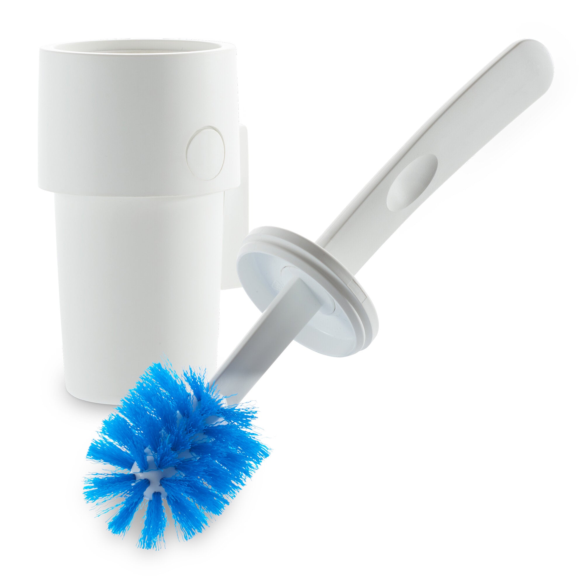 Nahaufnahme einer weißen Toilettenbürste Brush & Stow mit blauen Borsten, Halter und Griffdetail vor weißem Hintergrund