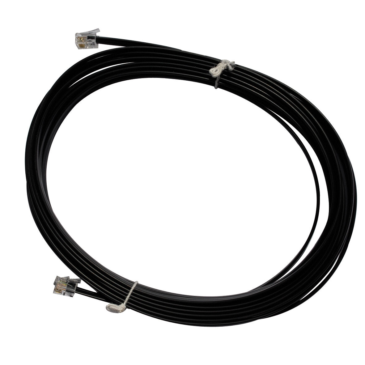 Schwarzes TIN-Bus Kabel, 6 m, zu einer großen Schlaufe aufgewickelt, RJ45-Stecker an beiden Enden sichtbar, weißes Bindeband um das Kabel gebunden