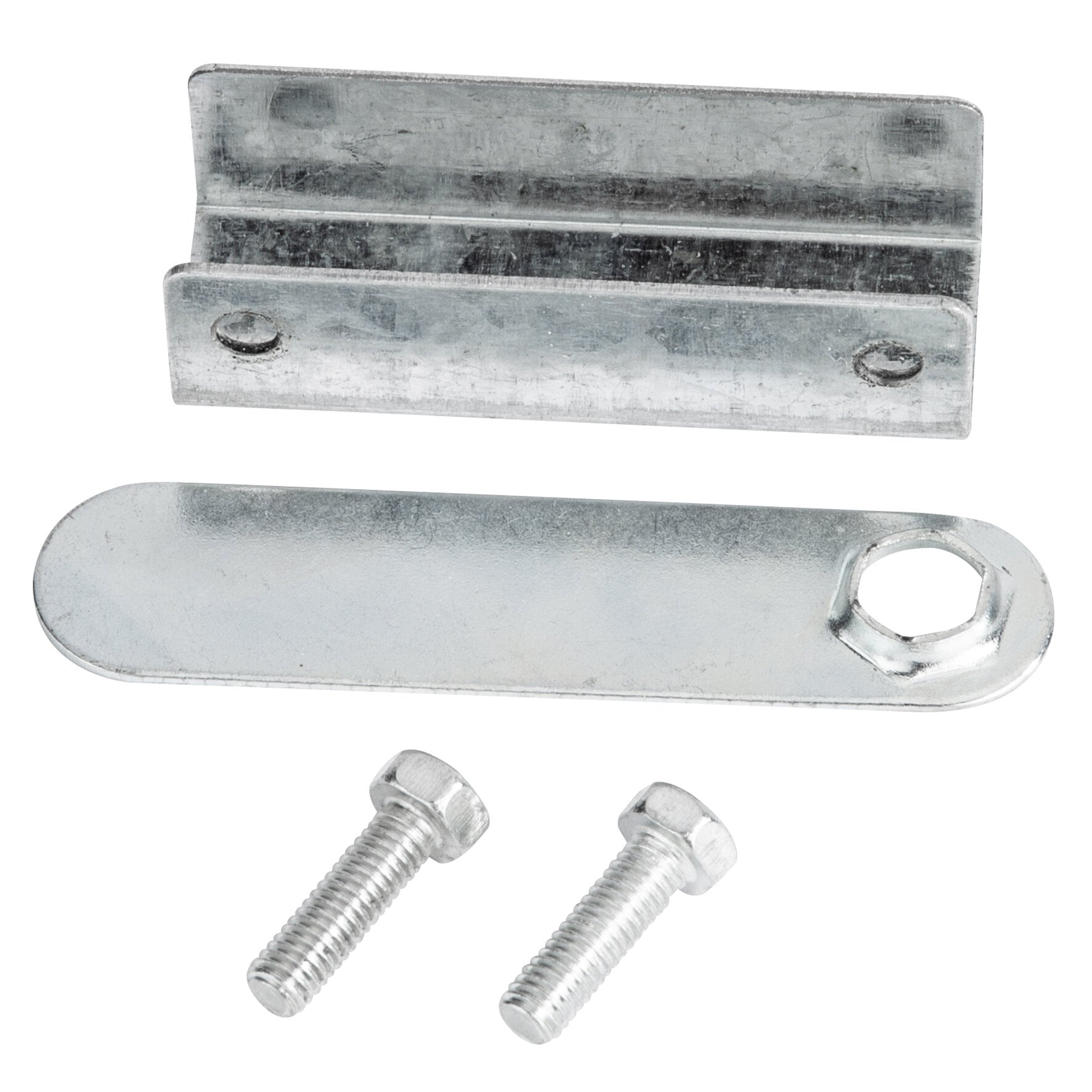Galvanisierte Metallhalterung mit zwei Schraubbolzen und flacher Montageplatte, sichtbare Bauteile des Toter-Winkel-Spiegels Herkules