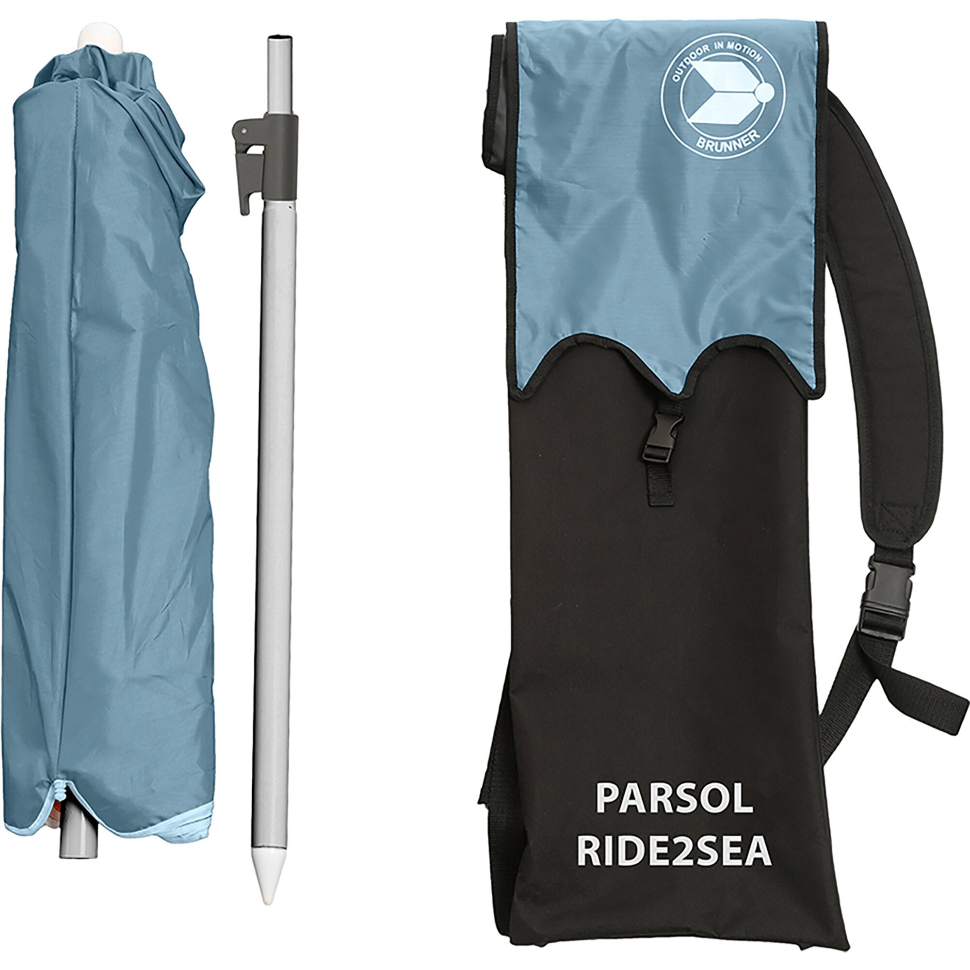 Blau gefalteter Sonnenschirm mit Abdeckung, silbernem Stiel und Halterung, dazu blaue Tragetasche mit Brunner-Logo und PARSOL RIDE2SEA