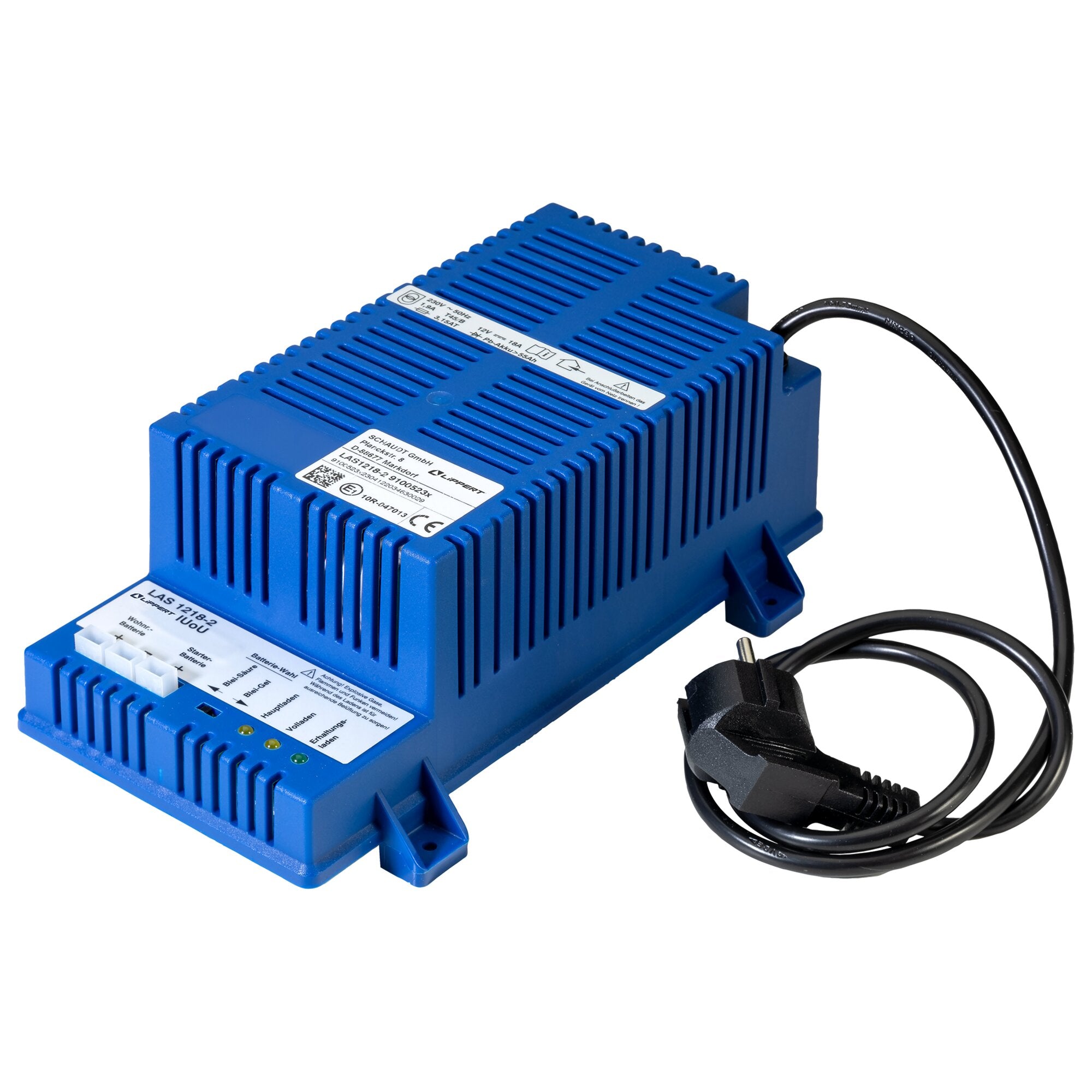 Blaues LAS 1218-2 Batterieladegerät mit gerippten Kühlrippen, sichtbarem Typenschild und schwarzem Netzkabel am Gerät