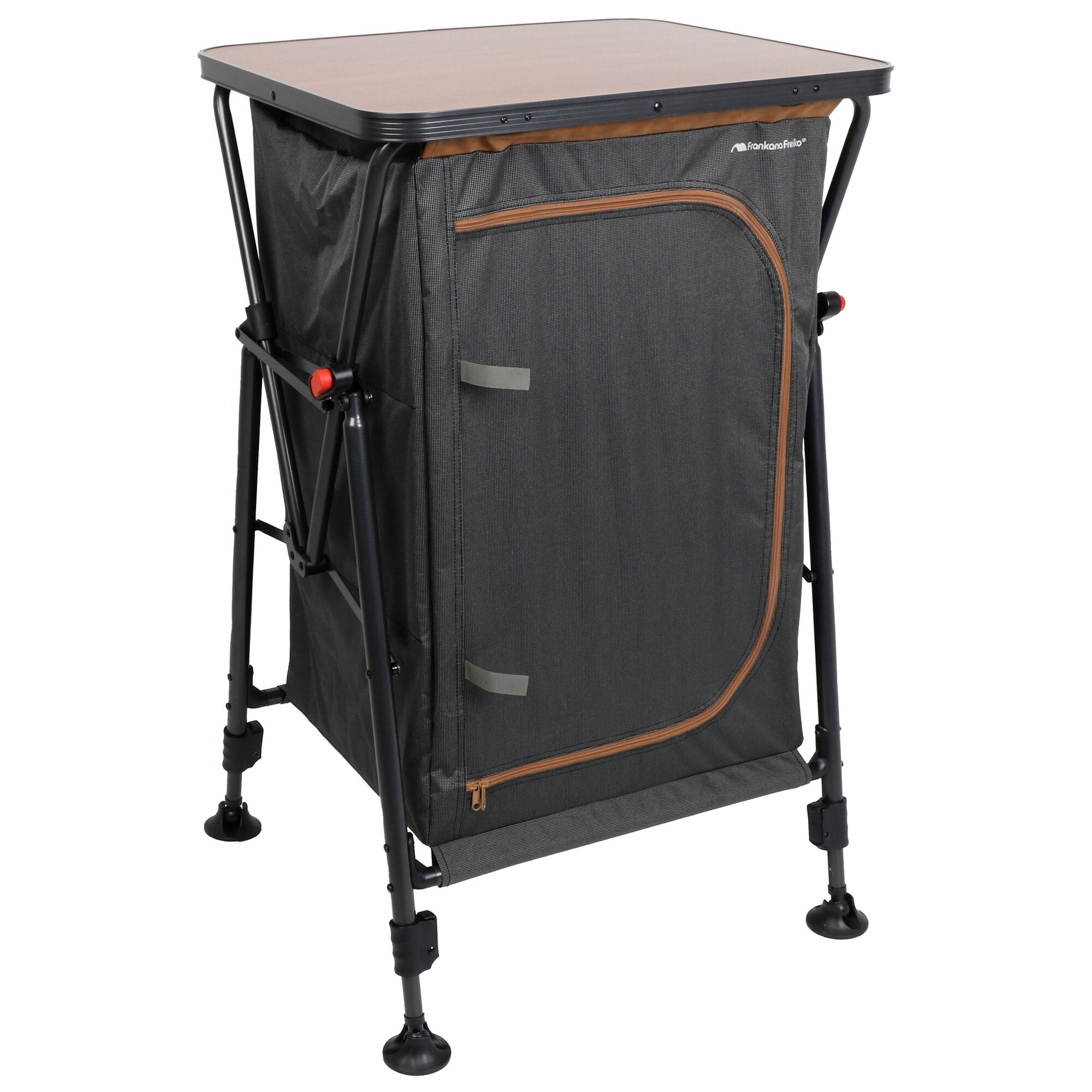 Campingschrank HighQ AC-059 V3 auf klappbarem Metallgestell mit Holzoberteil, grauer Stoffhülle, braunem Frontreißverschlussfach und Logo oben rechts