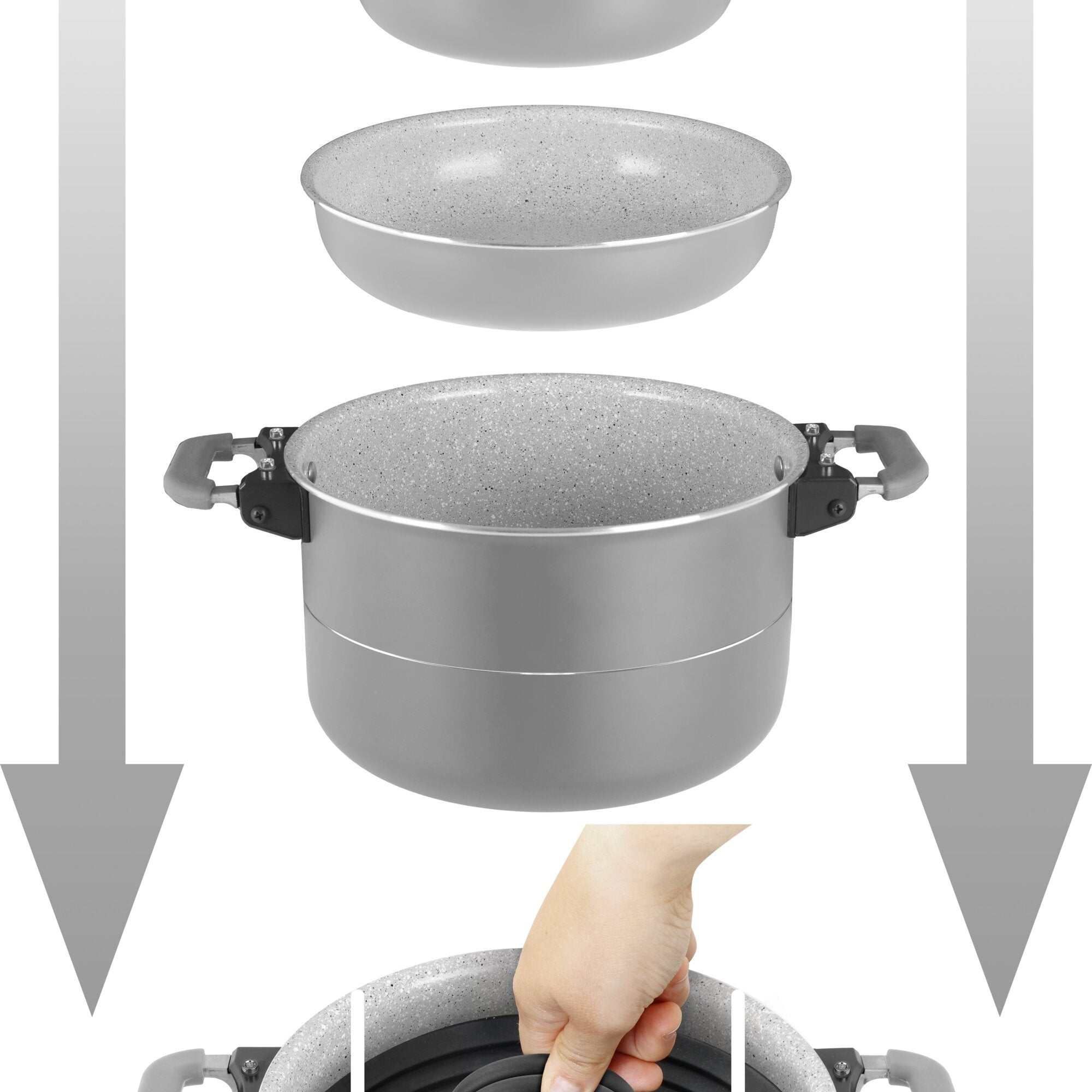 Kochtopf-Set Fusion 7+1 in Grau, Topf mit speckled Innenboden, weiterer Deckel und Griffe, eine Hand greift den Deckelrand