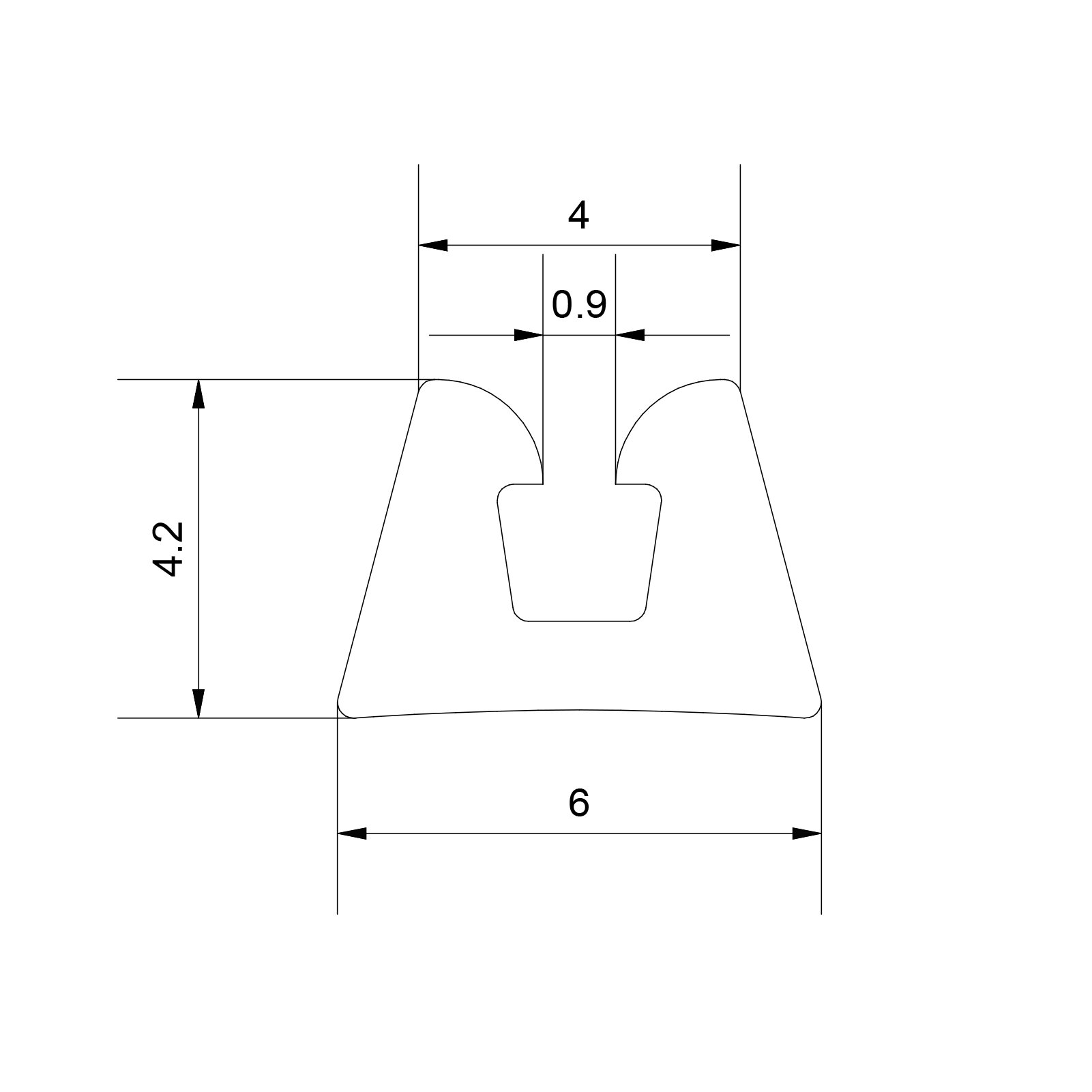 Schwarze Querschnittszeichnung eines Unterlegprofils E 335 mit zentraler Innenaussparung, sichtbare Abmessungen: unten Breite 6 mm, Gesamthöhe 4,2 mm, obere Breite 4 mm, Innenweite 0,9 mm