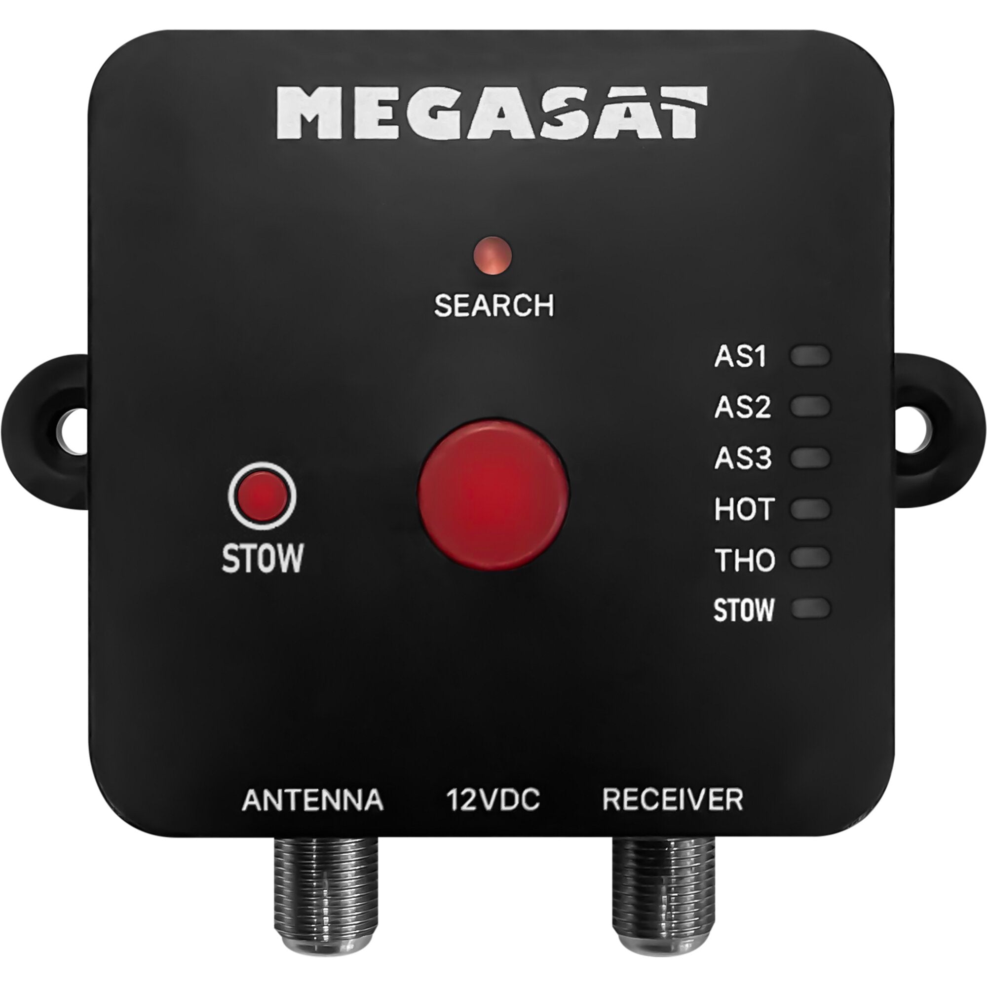 Schwarze Steuerbox mit Megasat-Logo, roter Knopf, zwei Metallanschlüsse unten, Beschriftungen ANTENNA 12VDC RECEIVER, Seitenhalterungen sichtbar